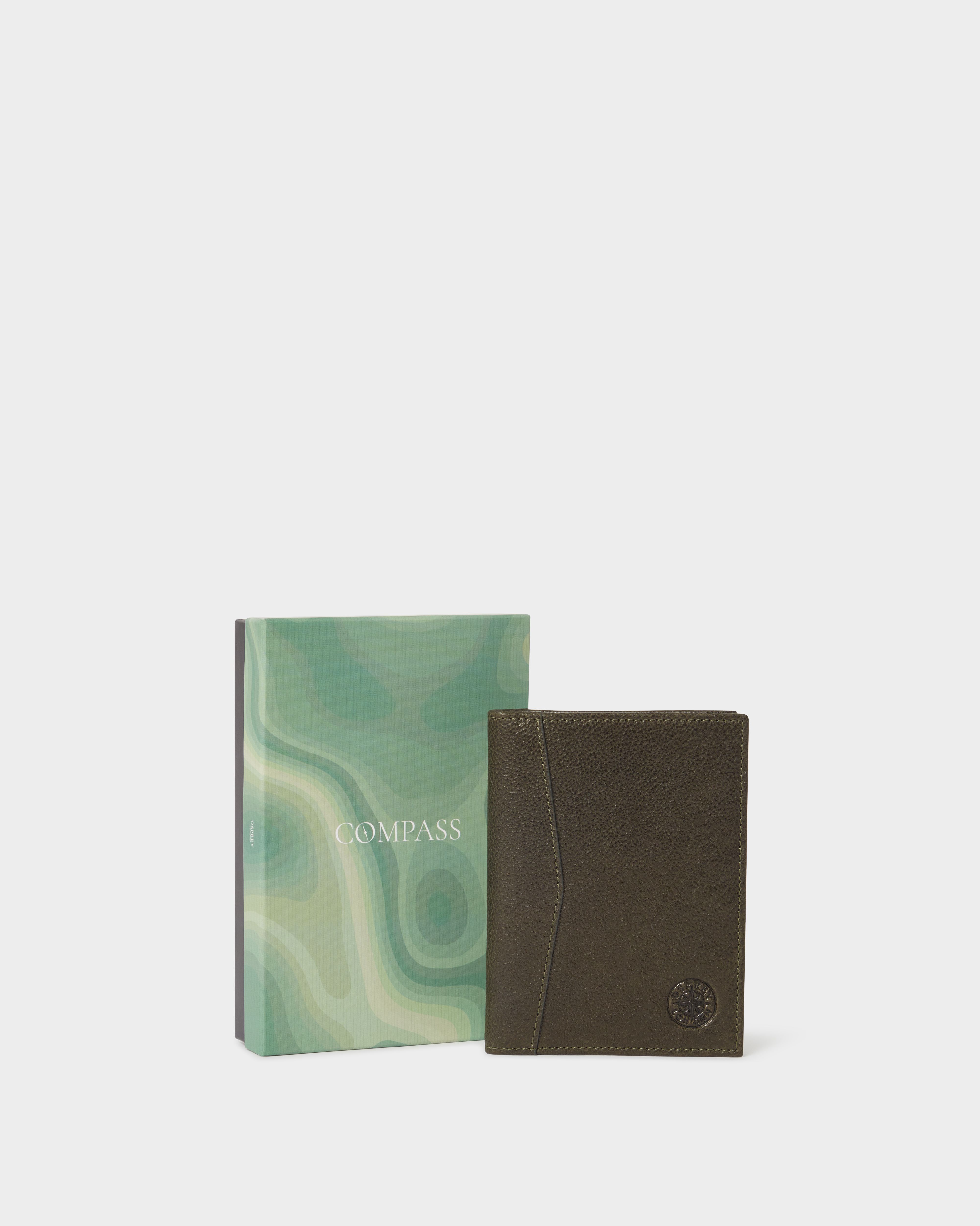 The Compass Leather Passport Holder in Dark Olive