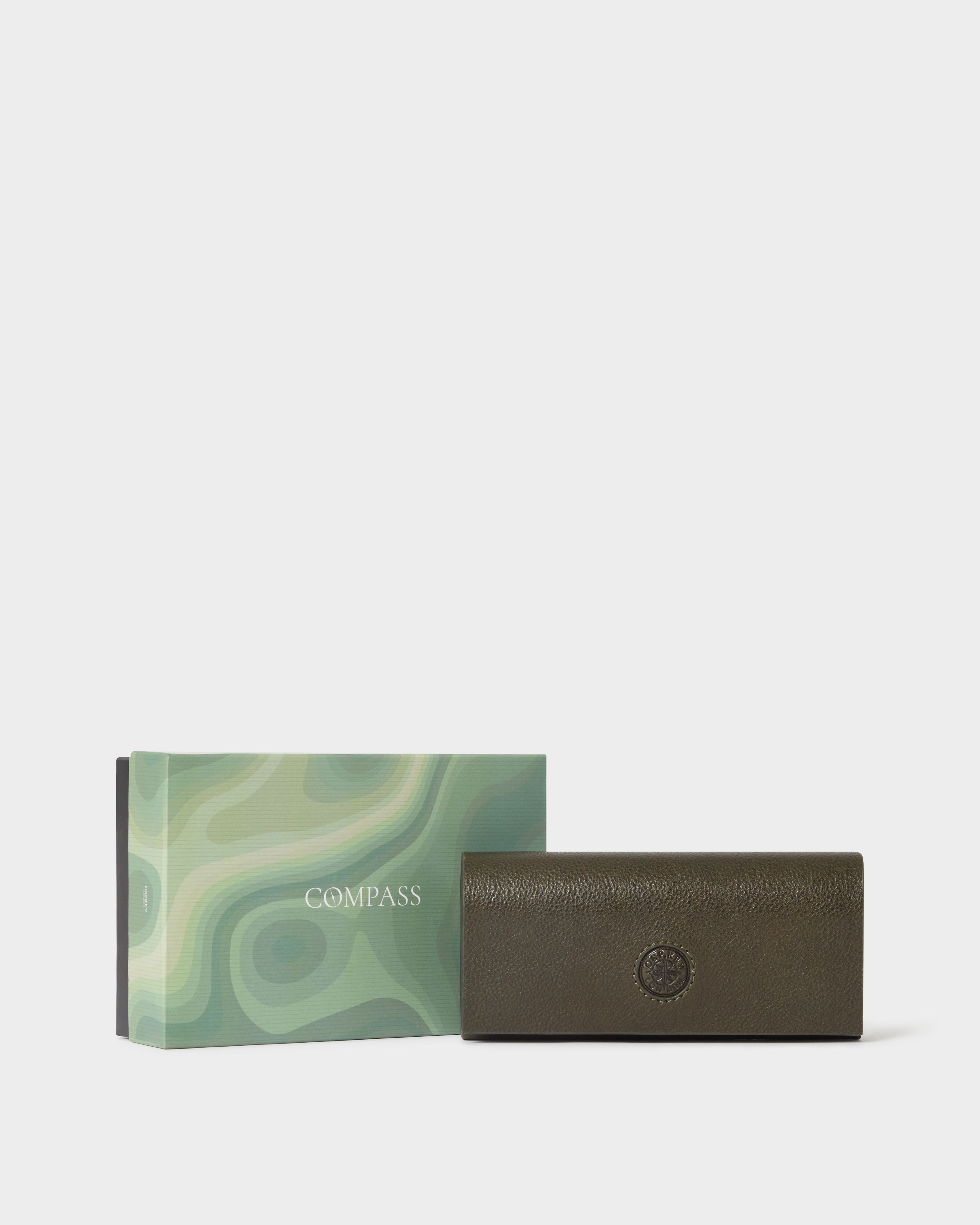 The Compass Leather Glasses Case in Dark Olive