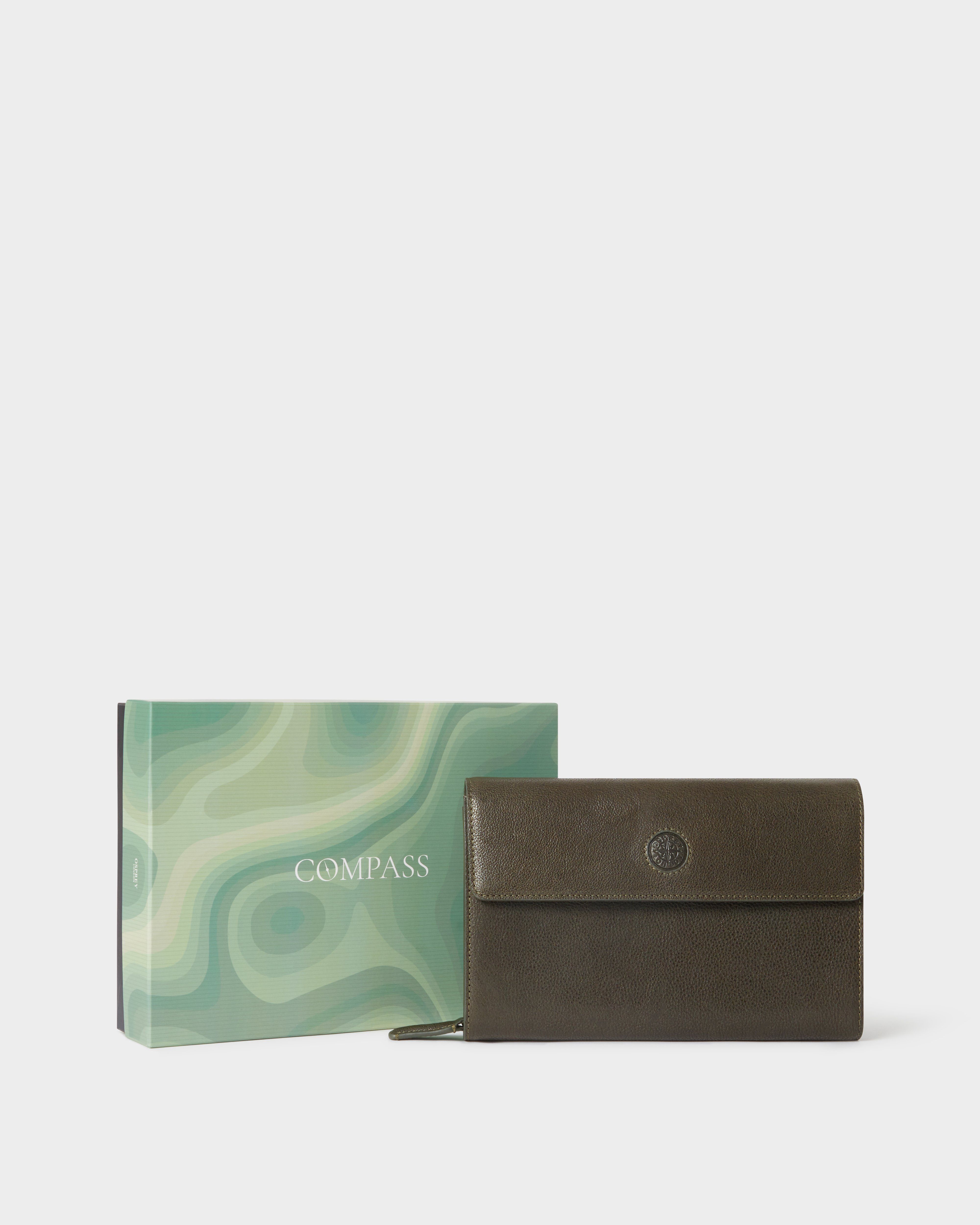 The Compass Leather Travel Wallet in Dark Olive