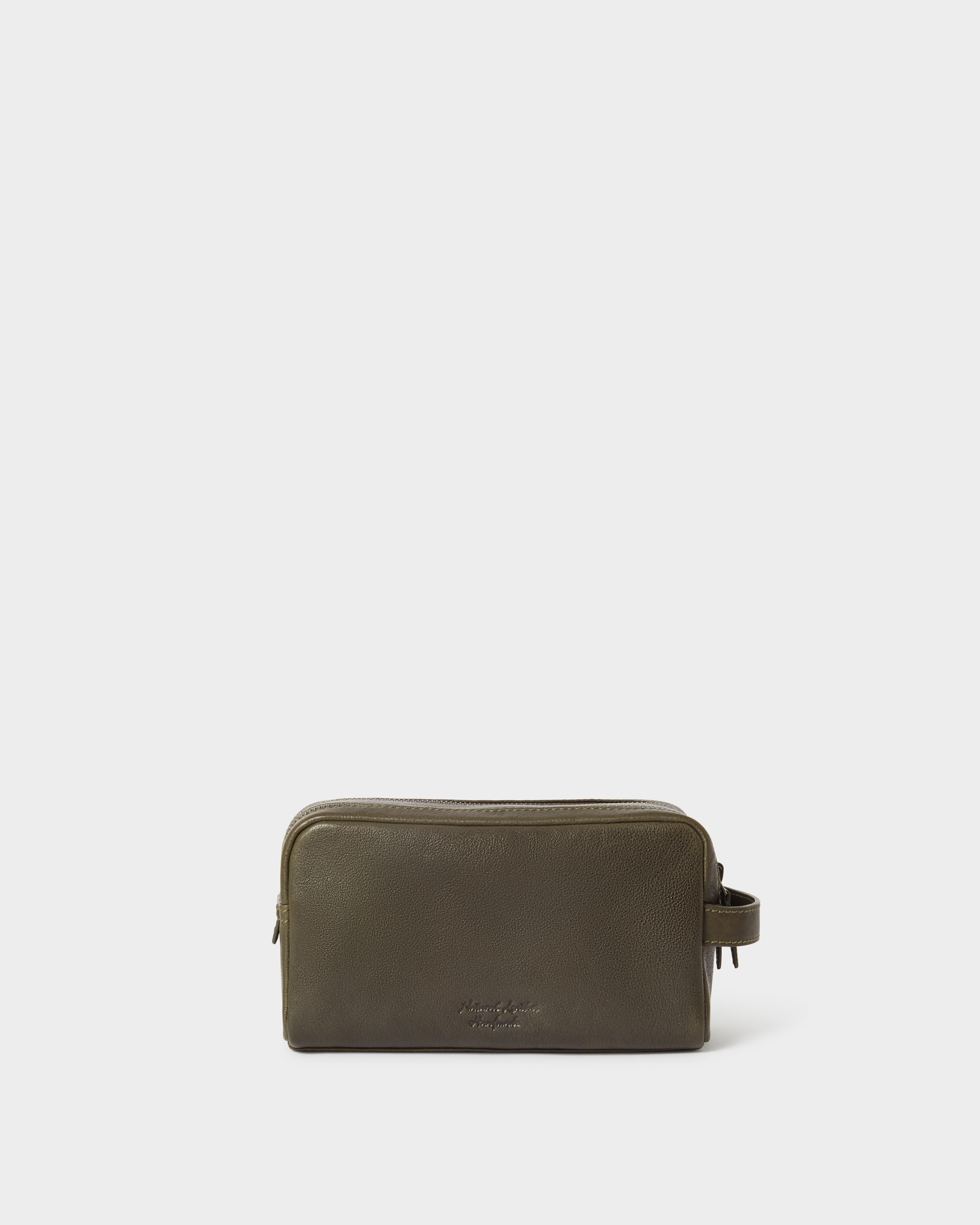 Image number 4 of The Compass Leather Wash Bag in Dark Olive