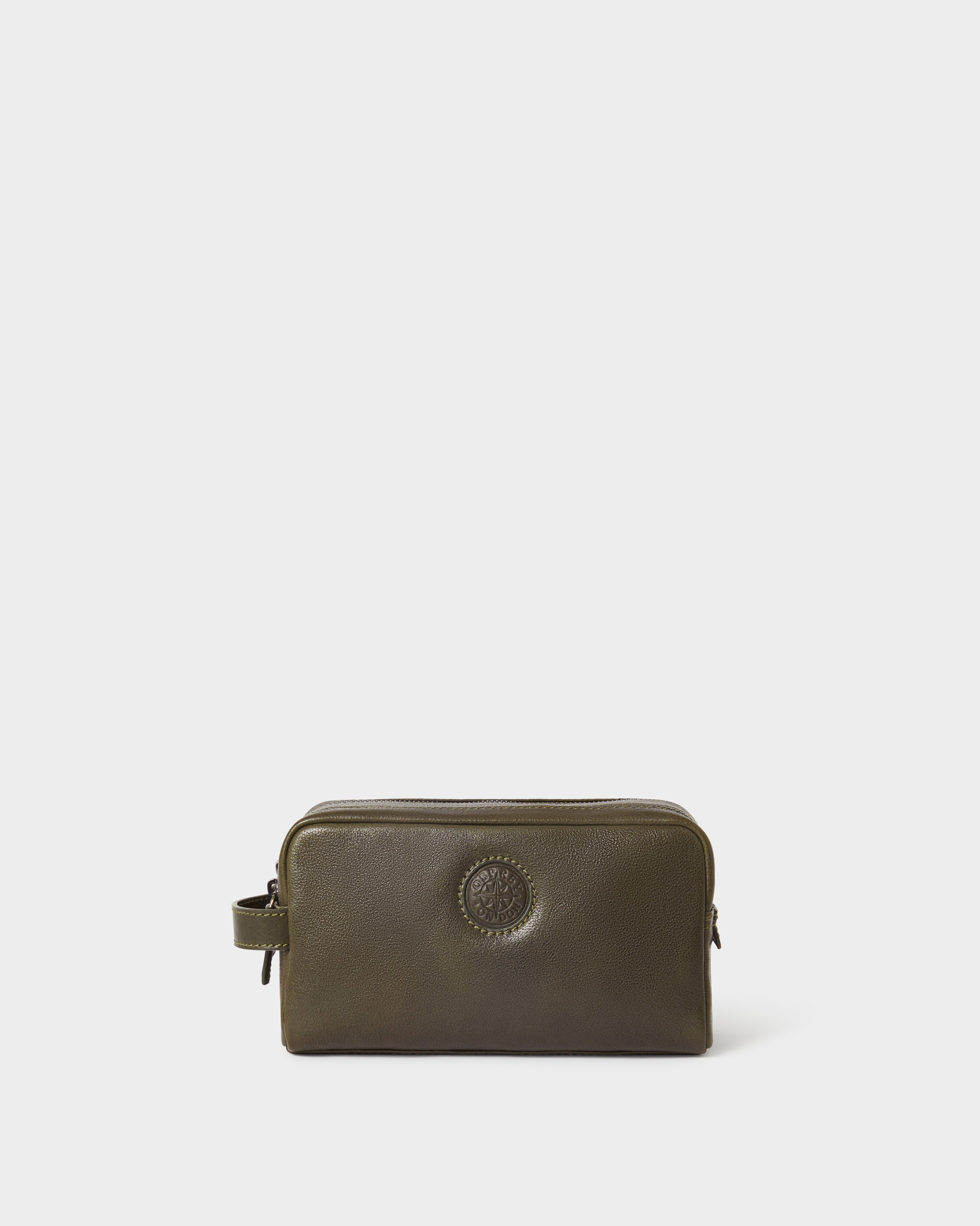 The Compass Leather Wash Bag in Dark Olive