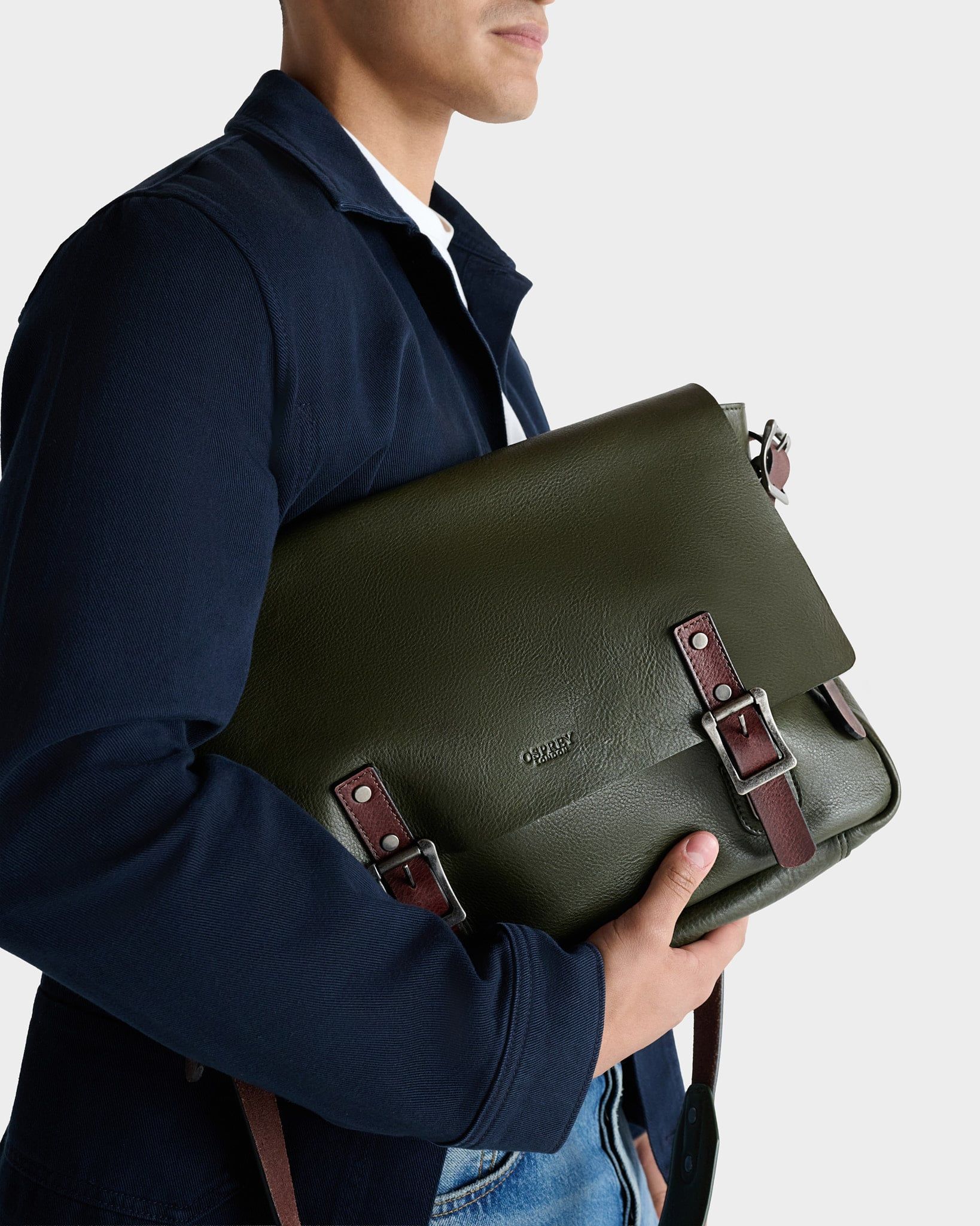 Image number 1 of The Lorenzo Large Leather Messenger in Olive