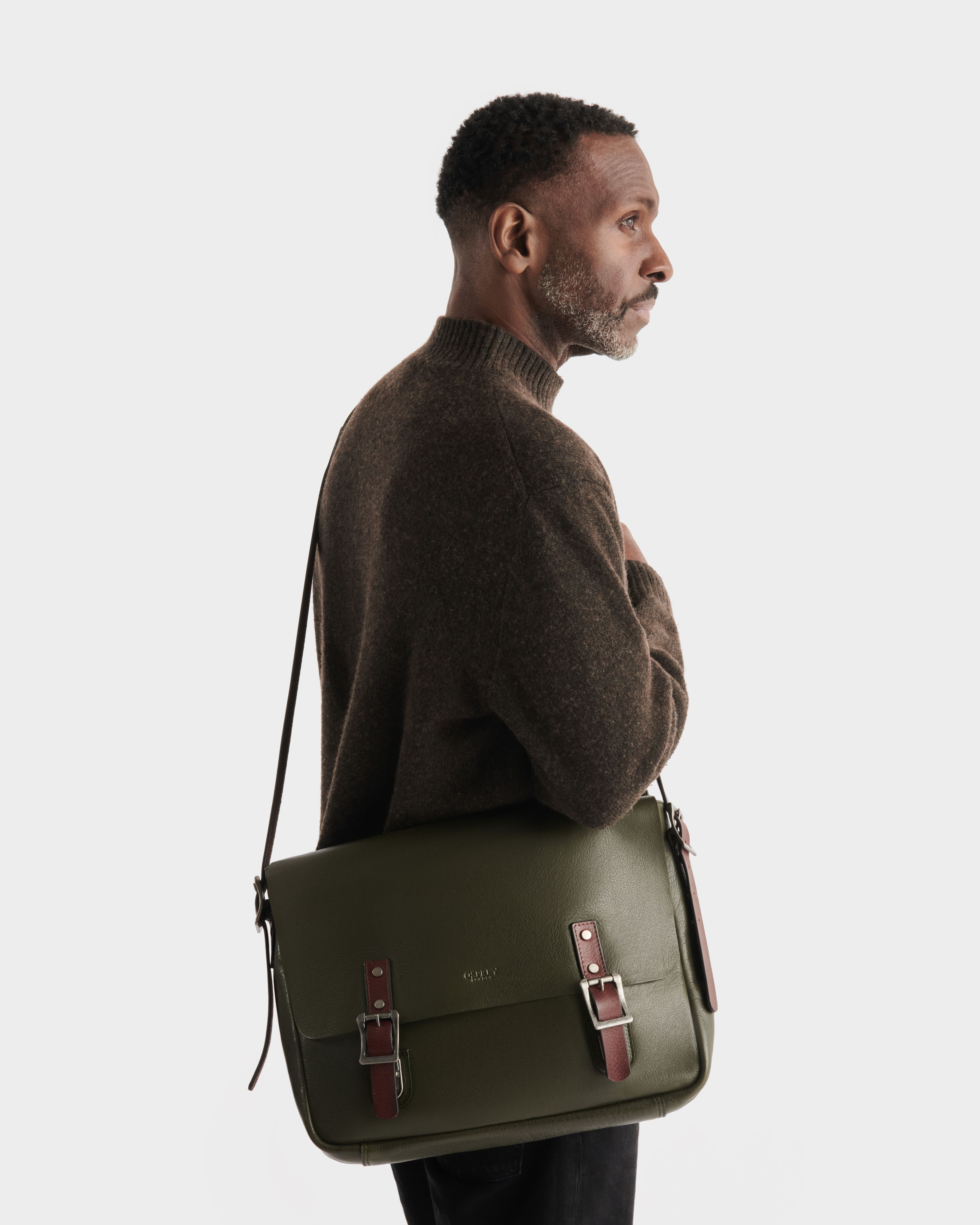 The Lorenzo Large Leather Messenger in Olive