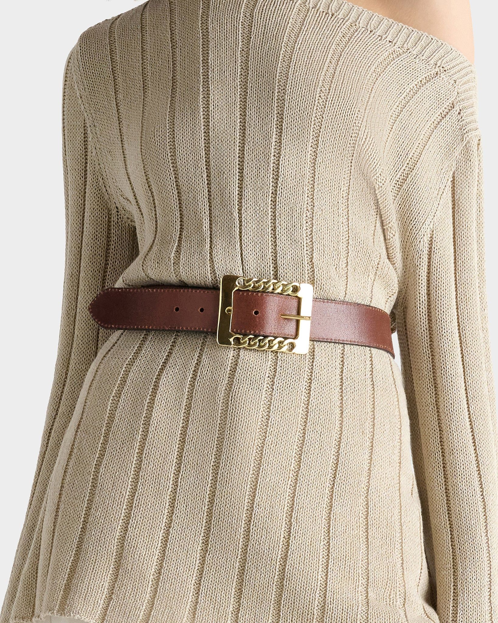 Image number 1 of The Chain Buckle Leather Belt in Tan