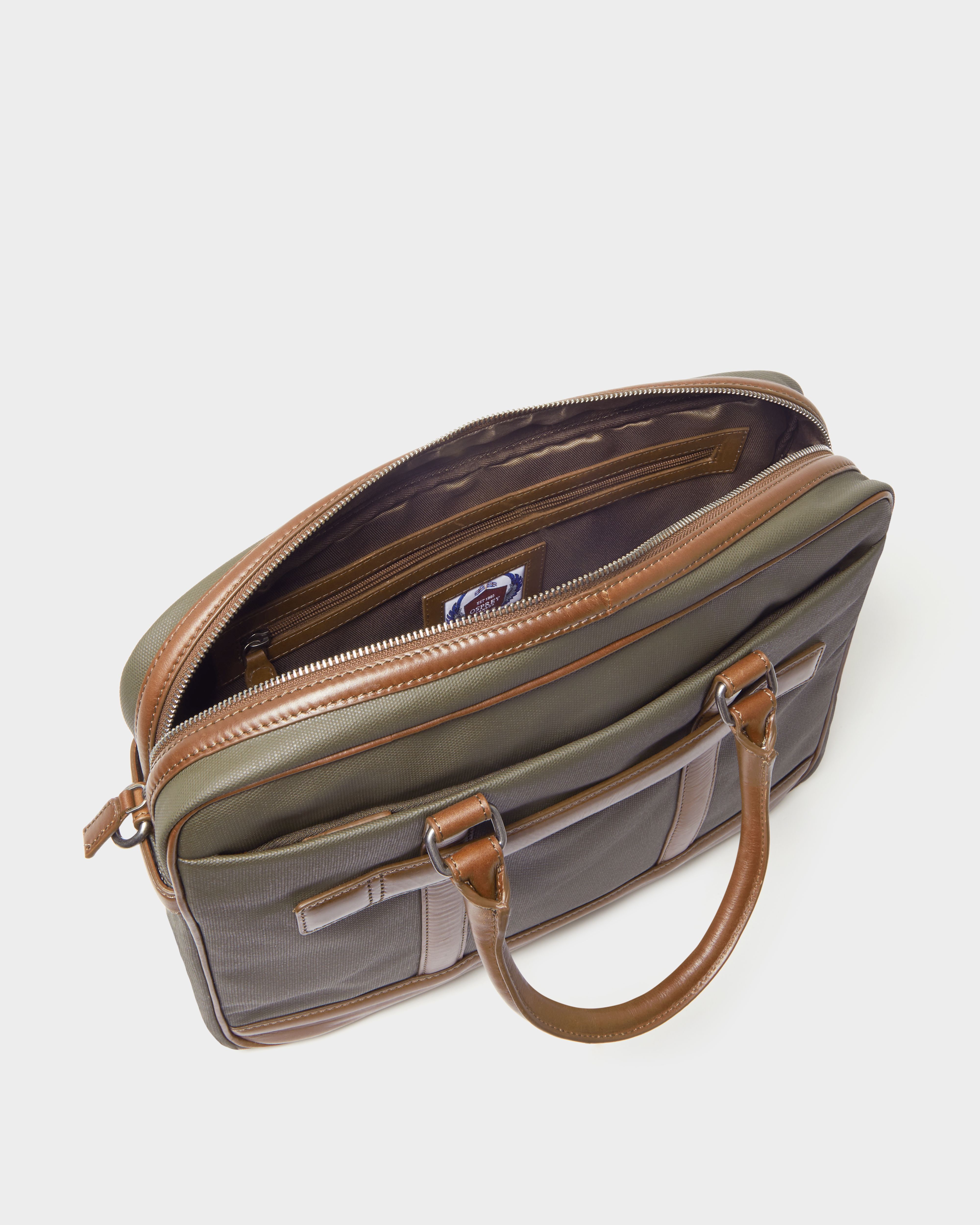 Image number 6 of The Frontline Waxed Canvas and Leather Laptop Bag in Khaki & Chestnut
