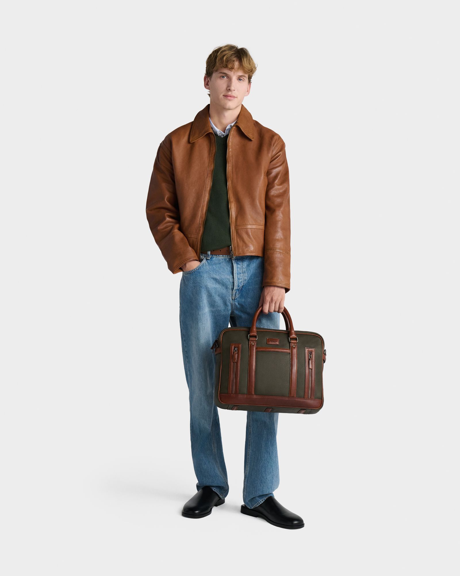 The Frontline Waxed Canvas and Leather Laptop Bag in Khaki & Chestnut