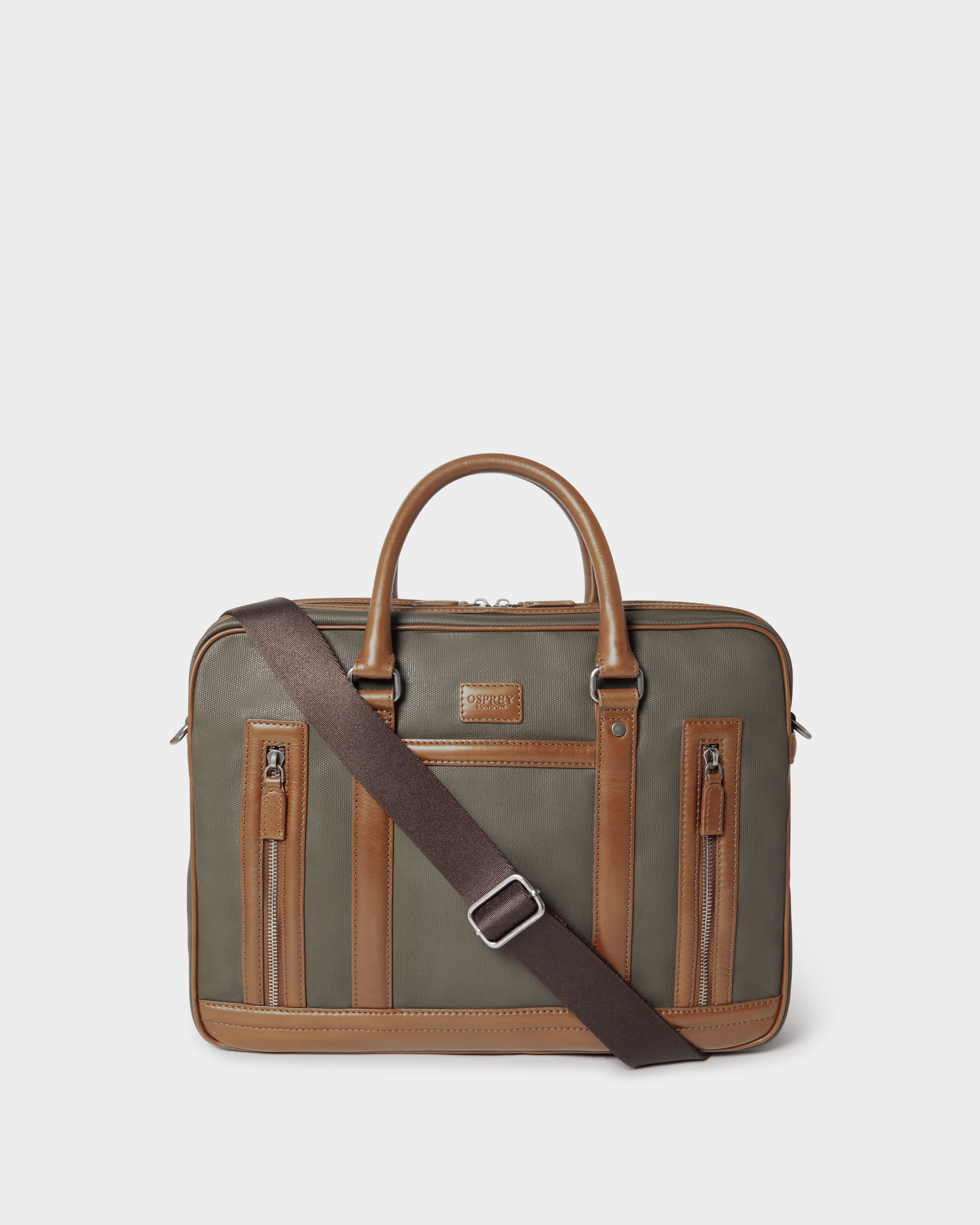 Image number 3 of The Frontline Waxed Canvas and Leather Laptop Bag in Khaki & Chestnut