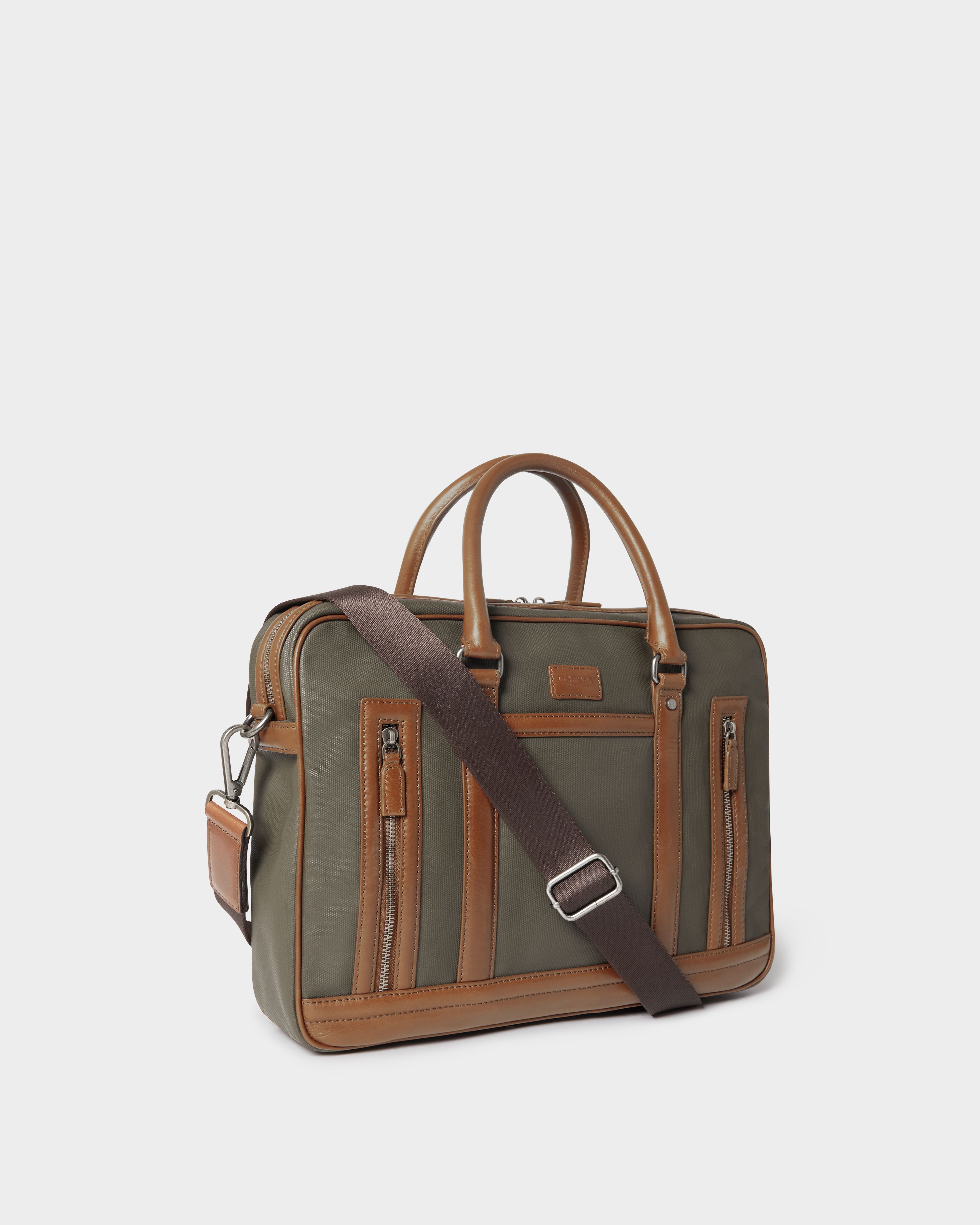 Image number 4 of The Frontline Waxed Canvas and Leather Laptop Bag in Khaki & Chestnut