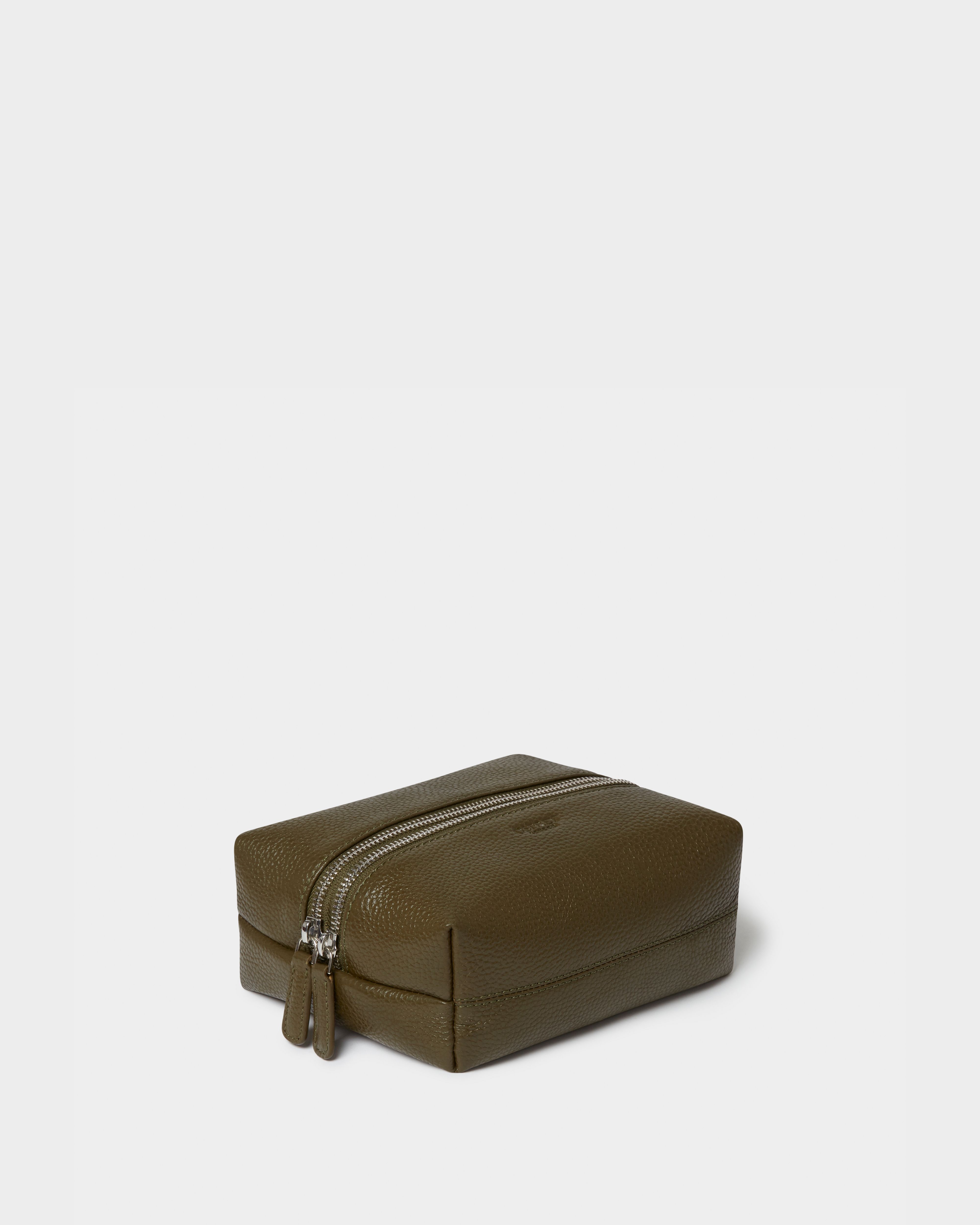 Image number 2 of The Double Zip Small Leather Washbag in Olive