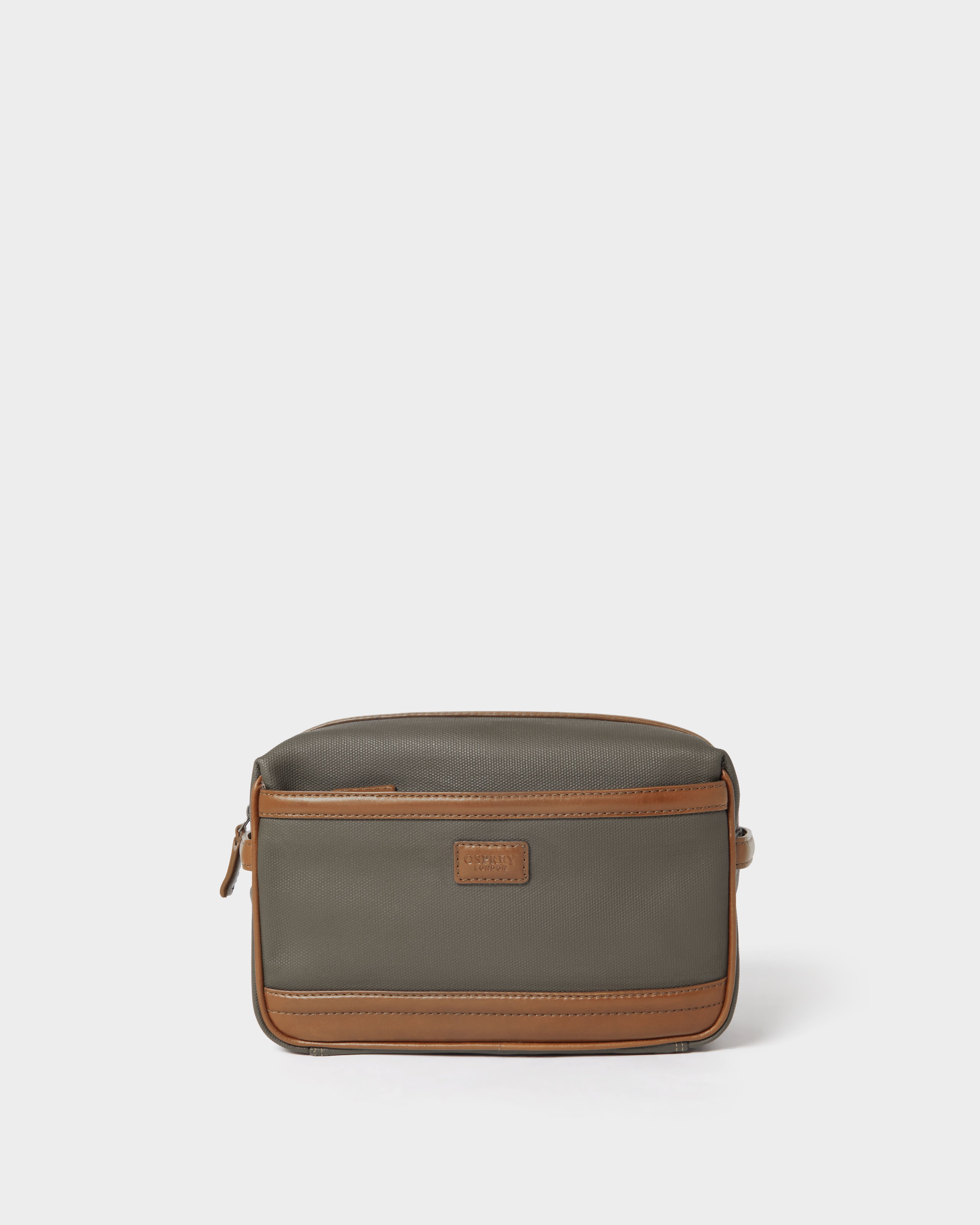 The Frontline Waxed Canvas and Leather Washbag in Khaki & Chestnut