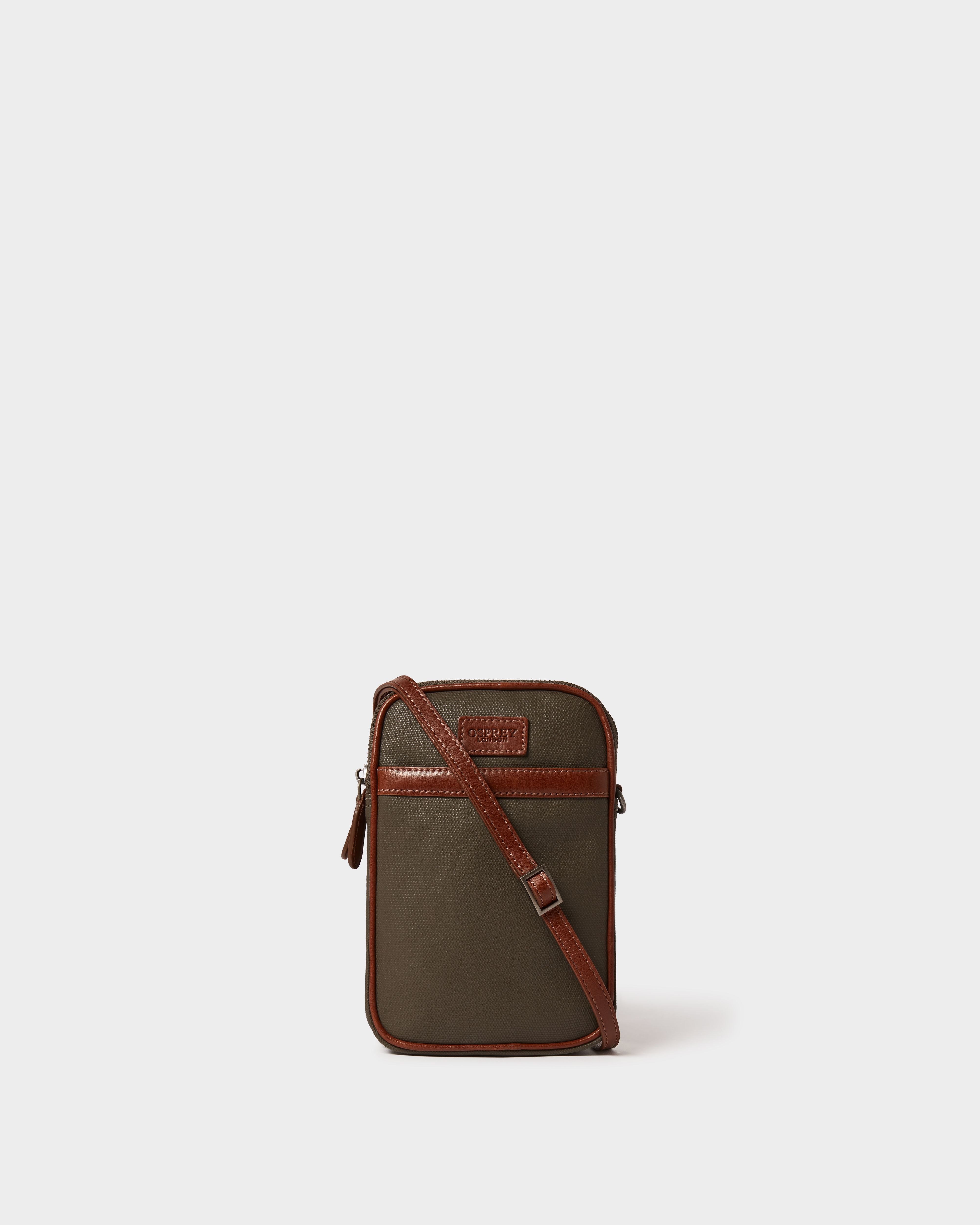 Image number 1 of The Grantham Waxed Canvas & Leather Phone Bag in Khaki & Chestnut