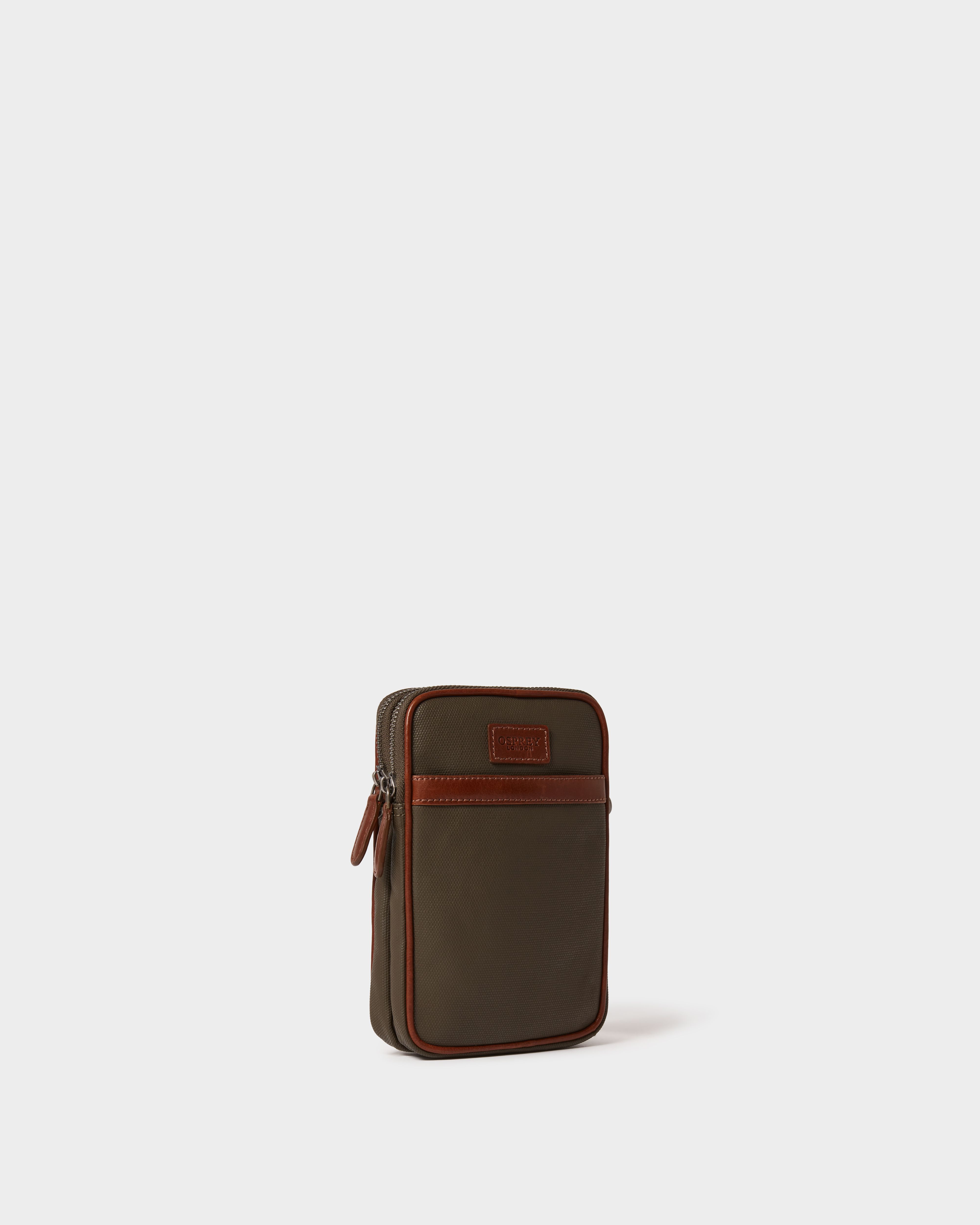 Image number 2 of The Grantham Waxed Canvas & Leather Phone Bag in Khaki & Chestnut
