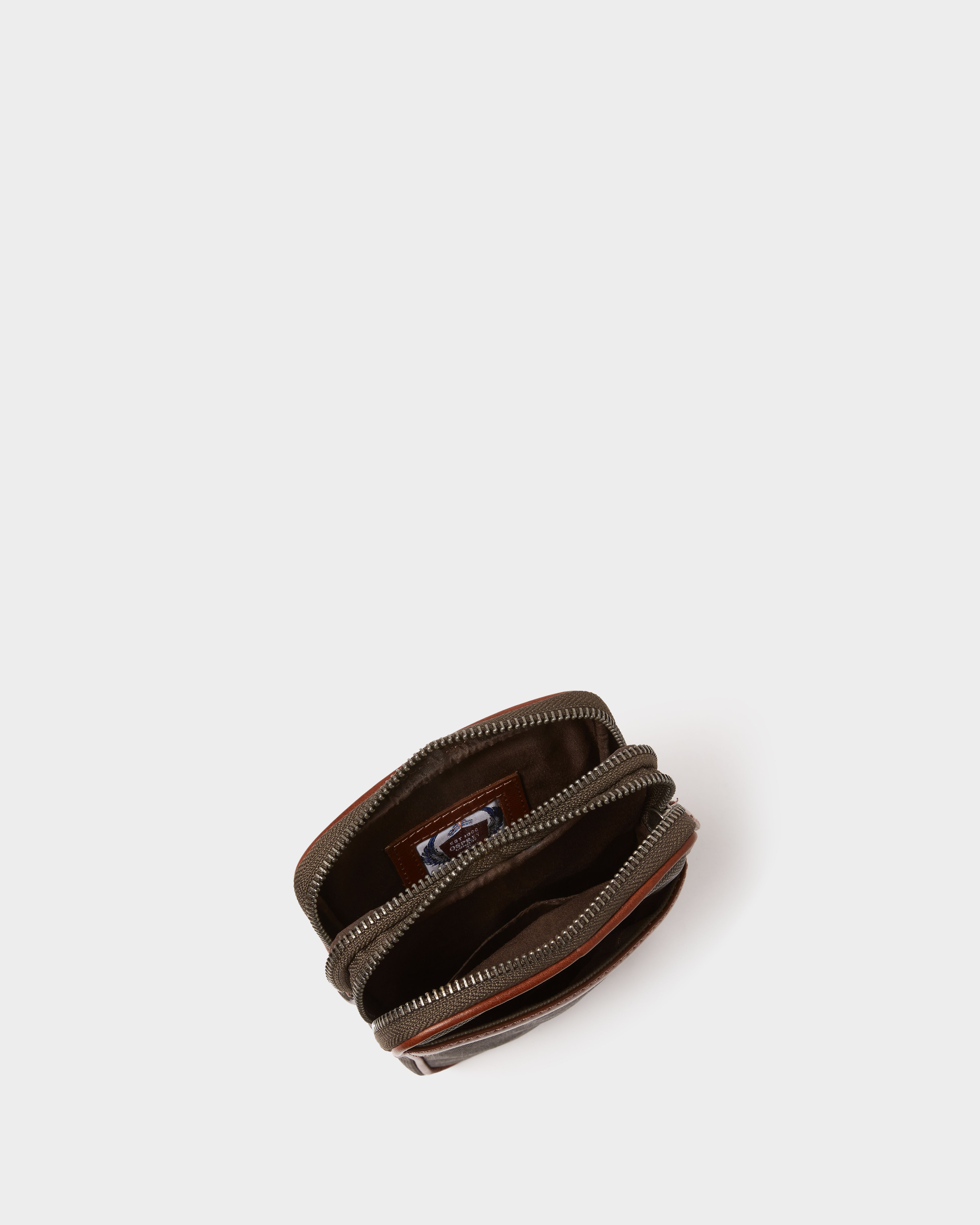 Image number 3 of The Grantham Waxed Canvas & Leather Phone Bag in Khaki & Chestnut