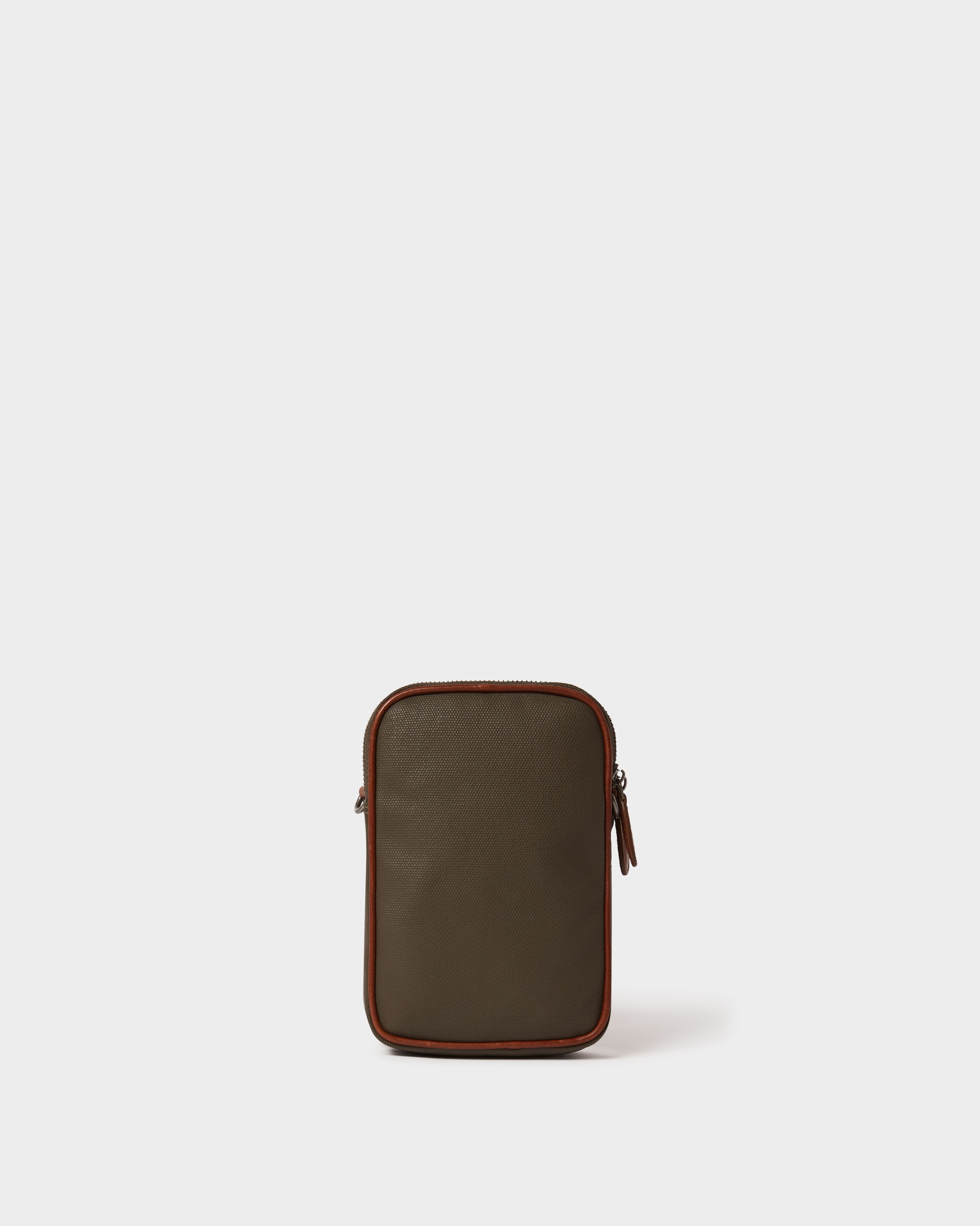 Image number 4 of The Grantham Waxed Canvas & Leather Phone Bag in Khaki & Chestnut