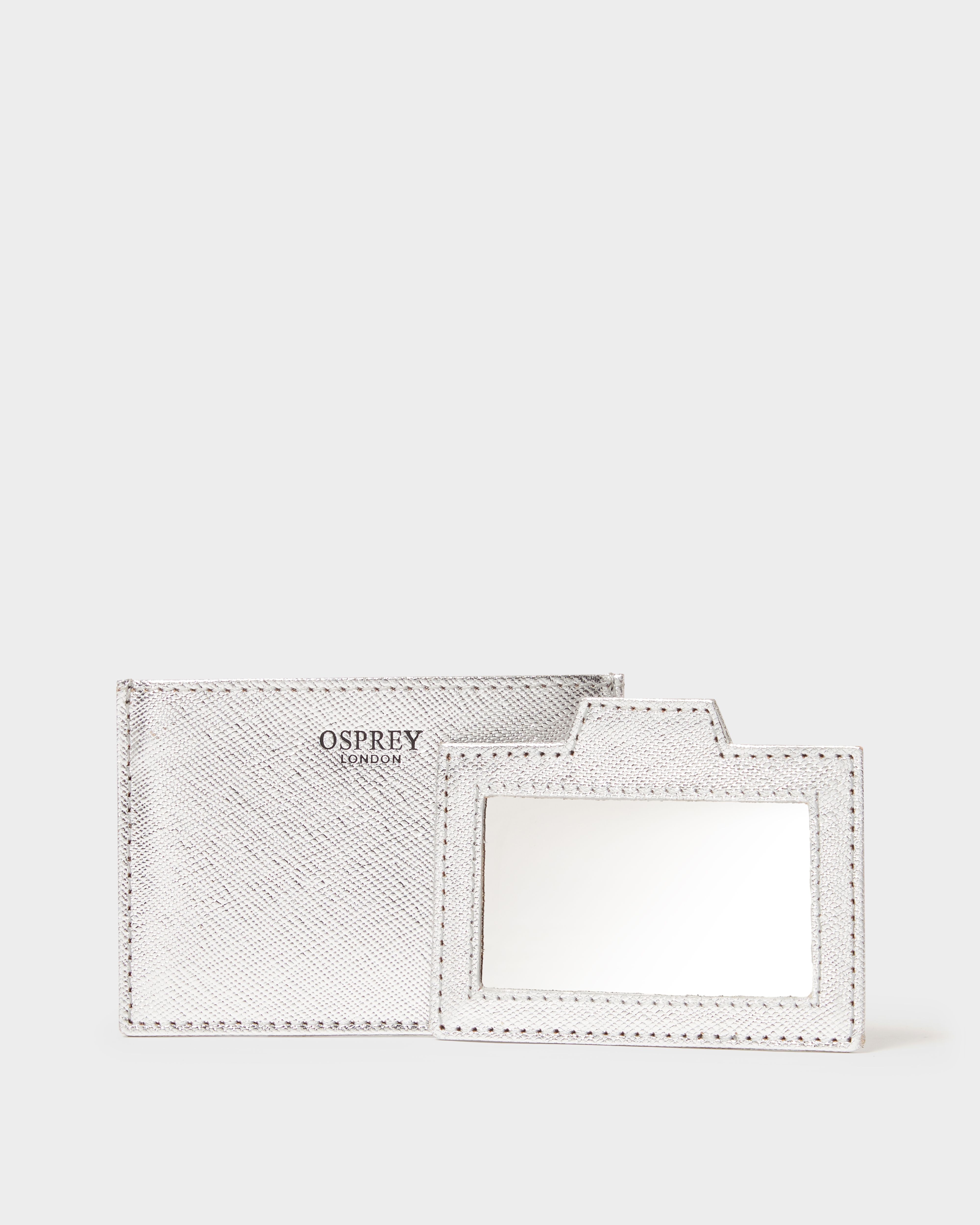 Image number 3 of The Neptune Leather Mirror Card Holder and Small Pouch in Metallic Silver