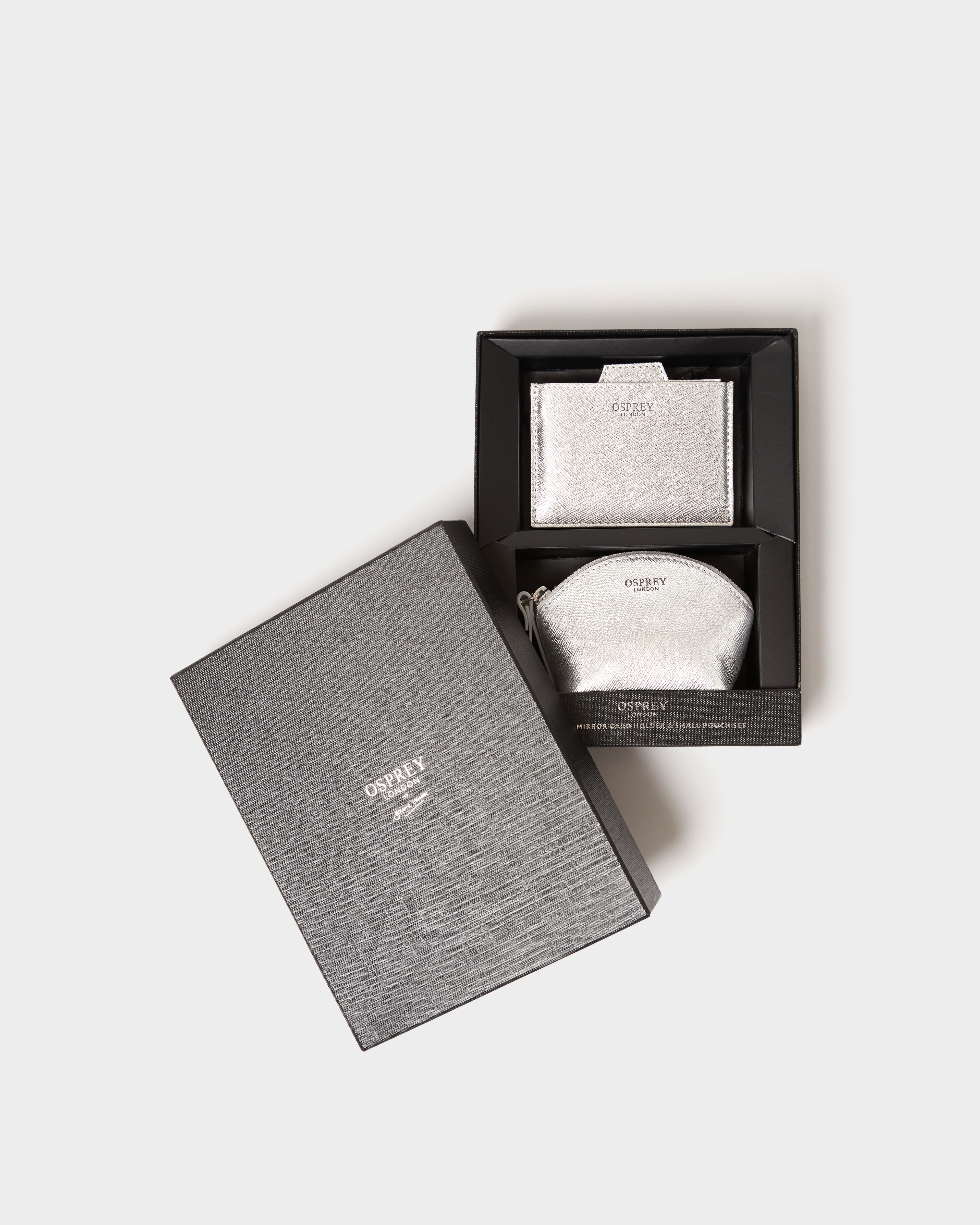 Image number 2 of The Neptune Leather Mirror Card Holder and Small Pouch in Metallic Silver