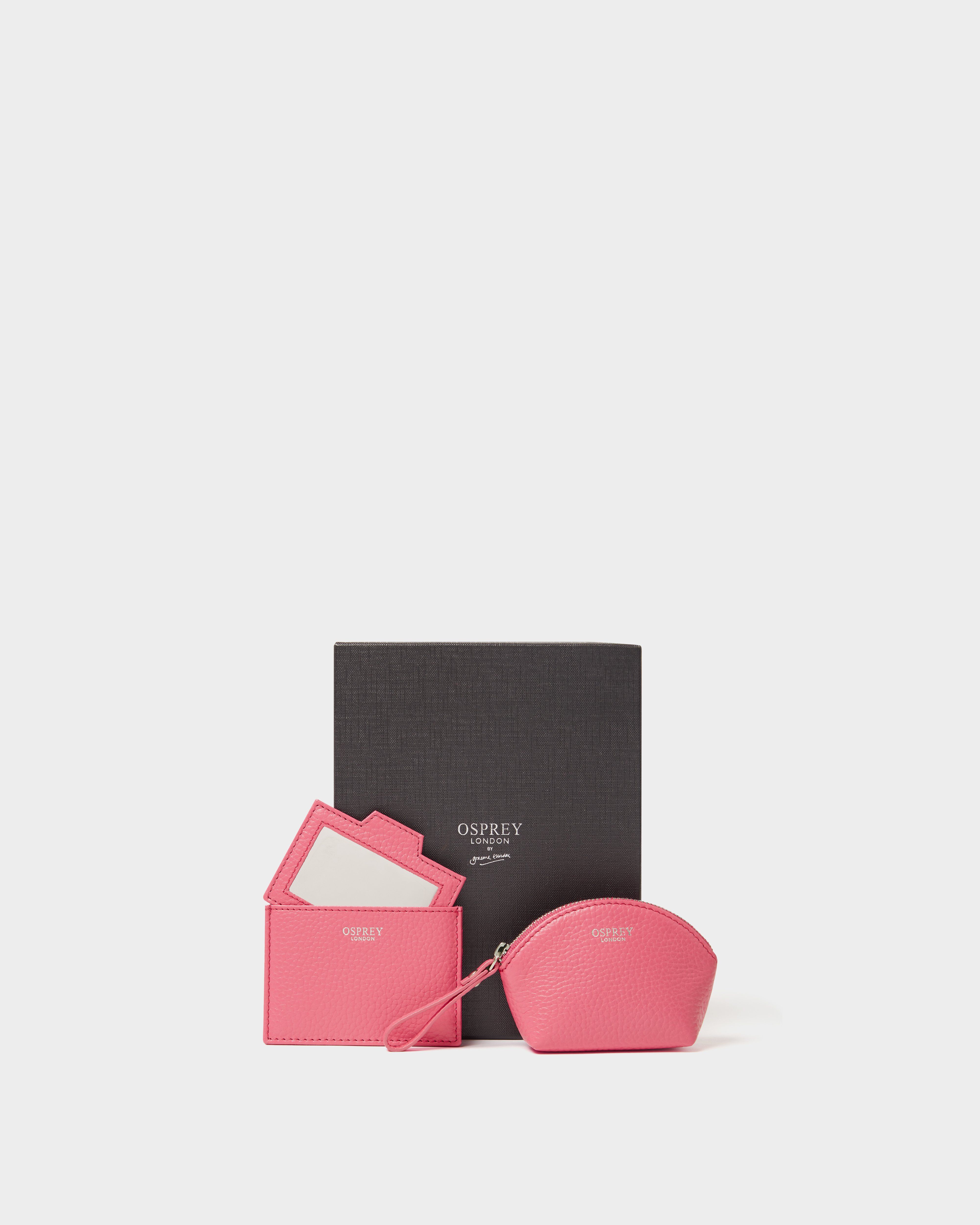 The Neptune Leather Mirror Card Holder and Small Pouch in Hot Pink