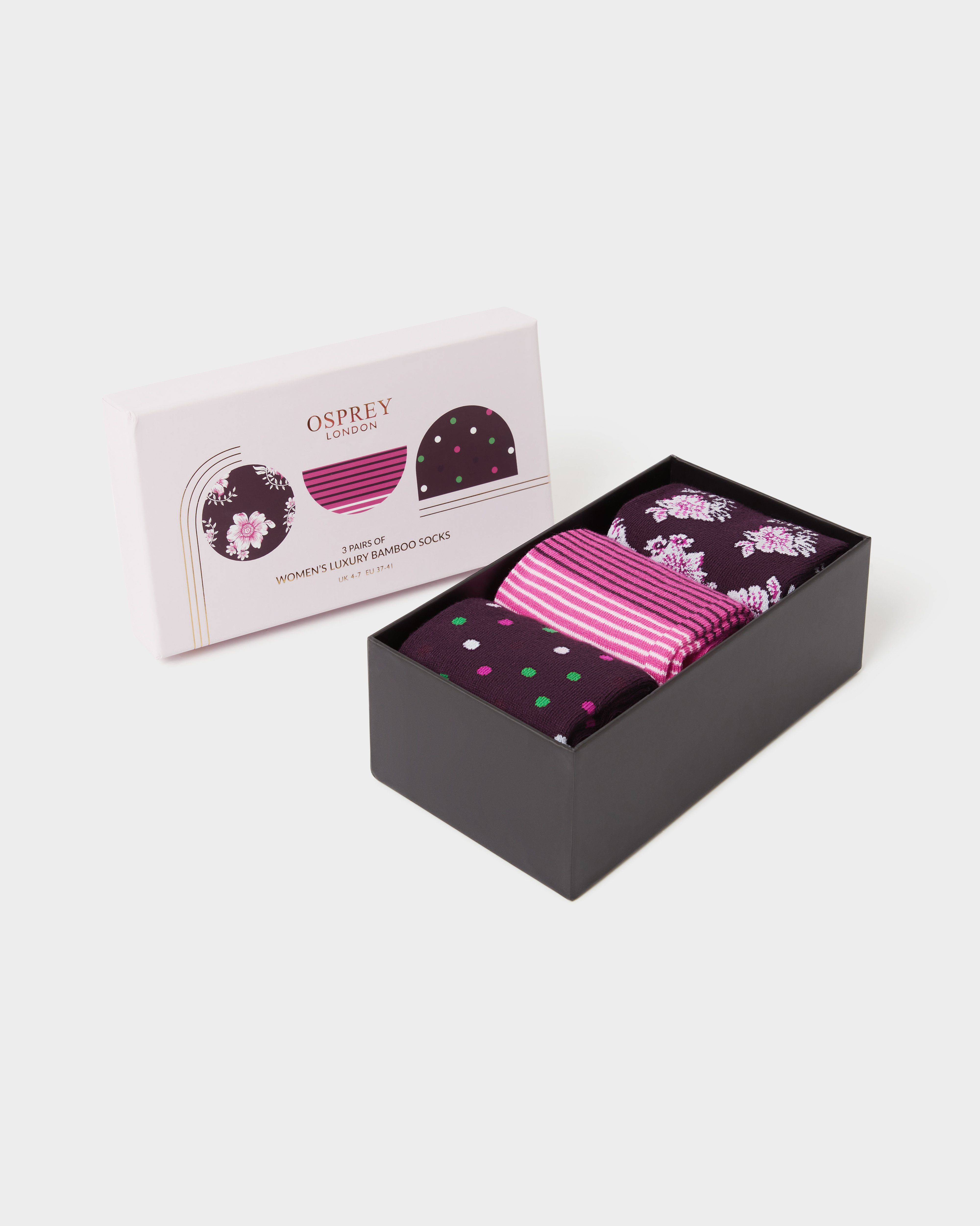 Women's Luxury Boxed Socks Set of 3 in Plum Multi