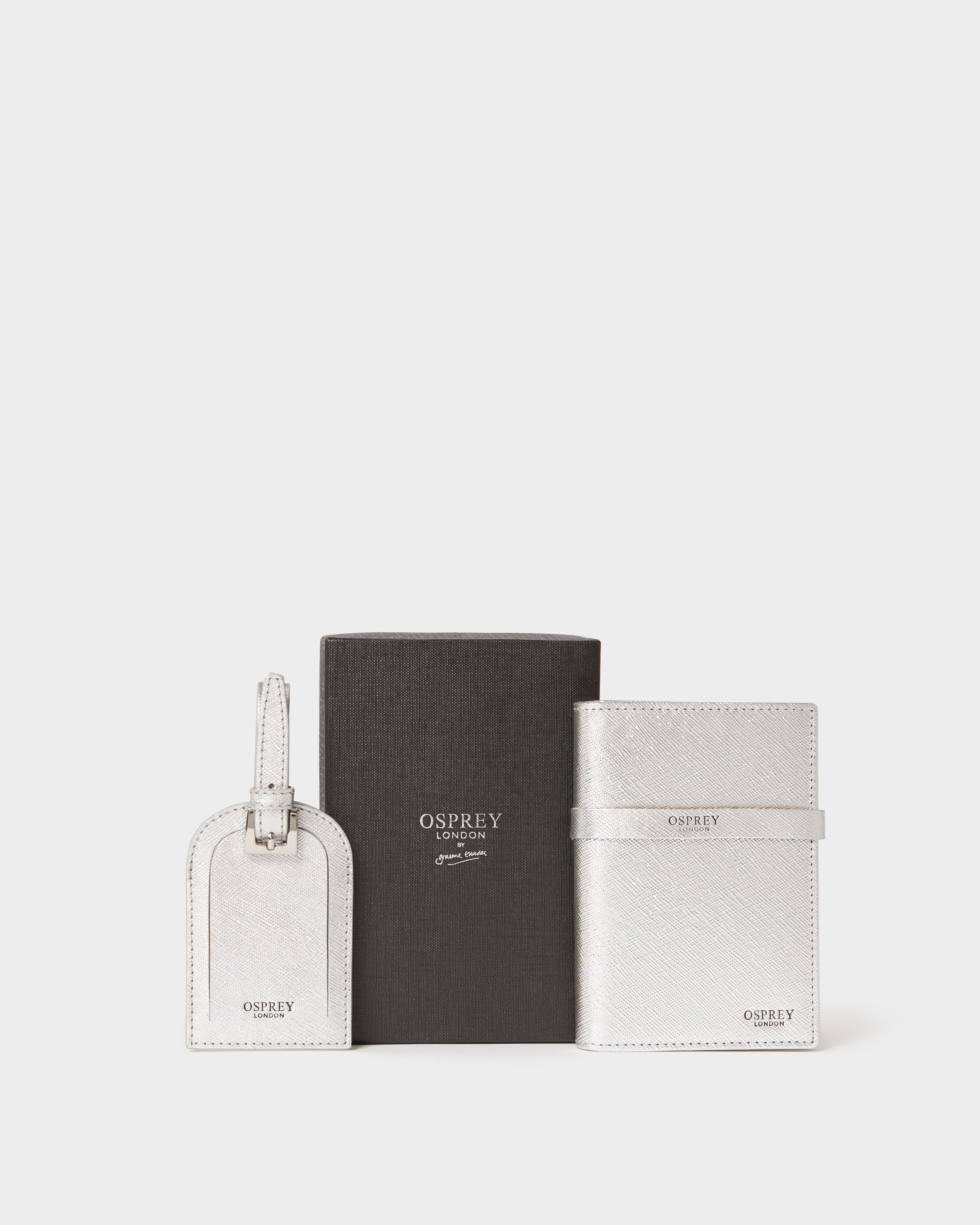 The Neptune Leather Passport and Luggage Tag Set in Metallic Silver