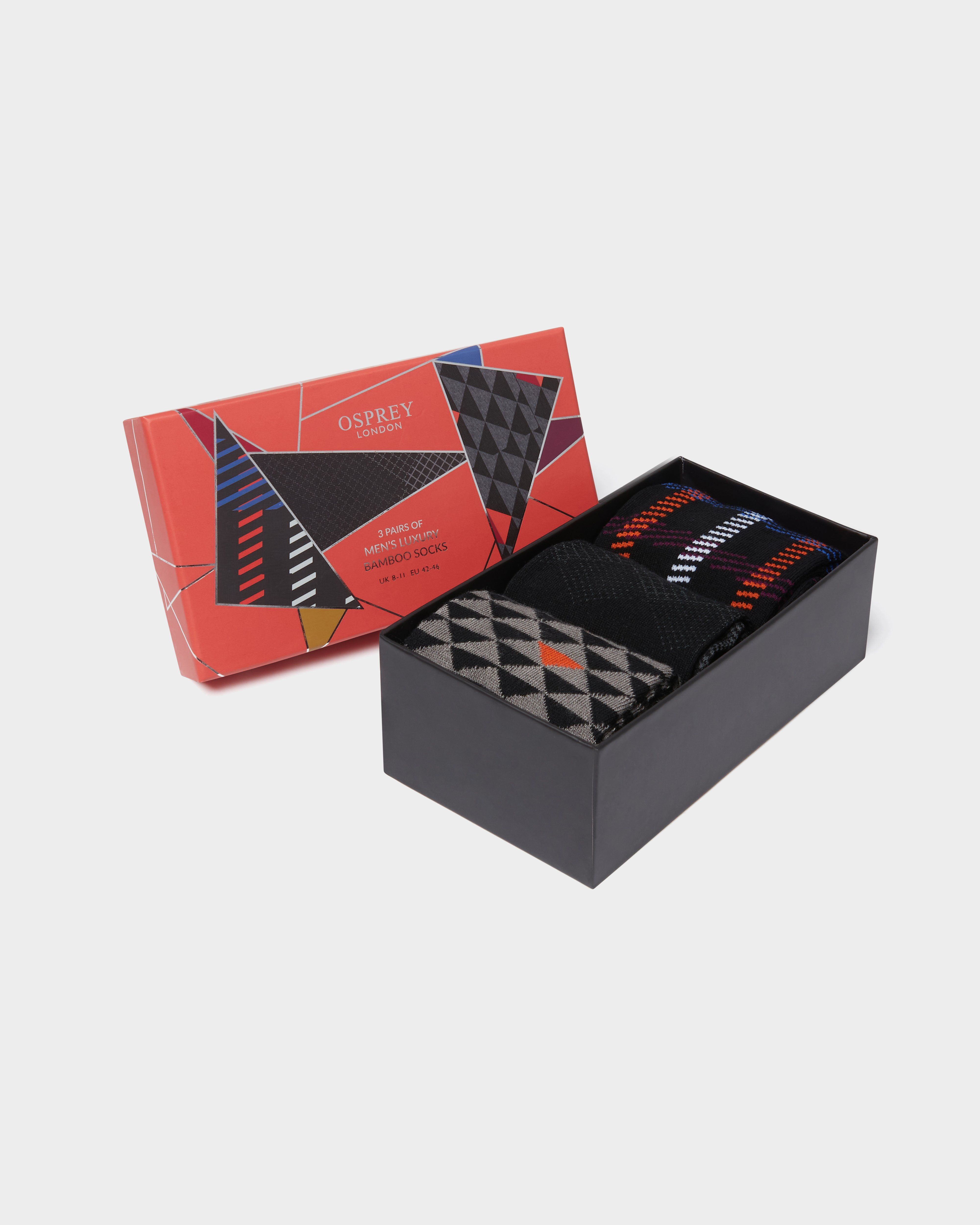 Mens Bamboo Boxed Socks Set of 3 in Geometric Multi