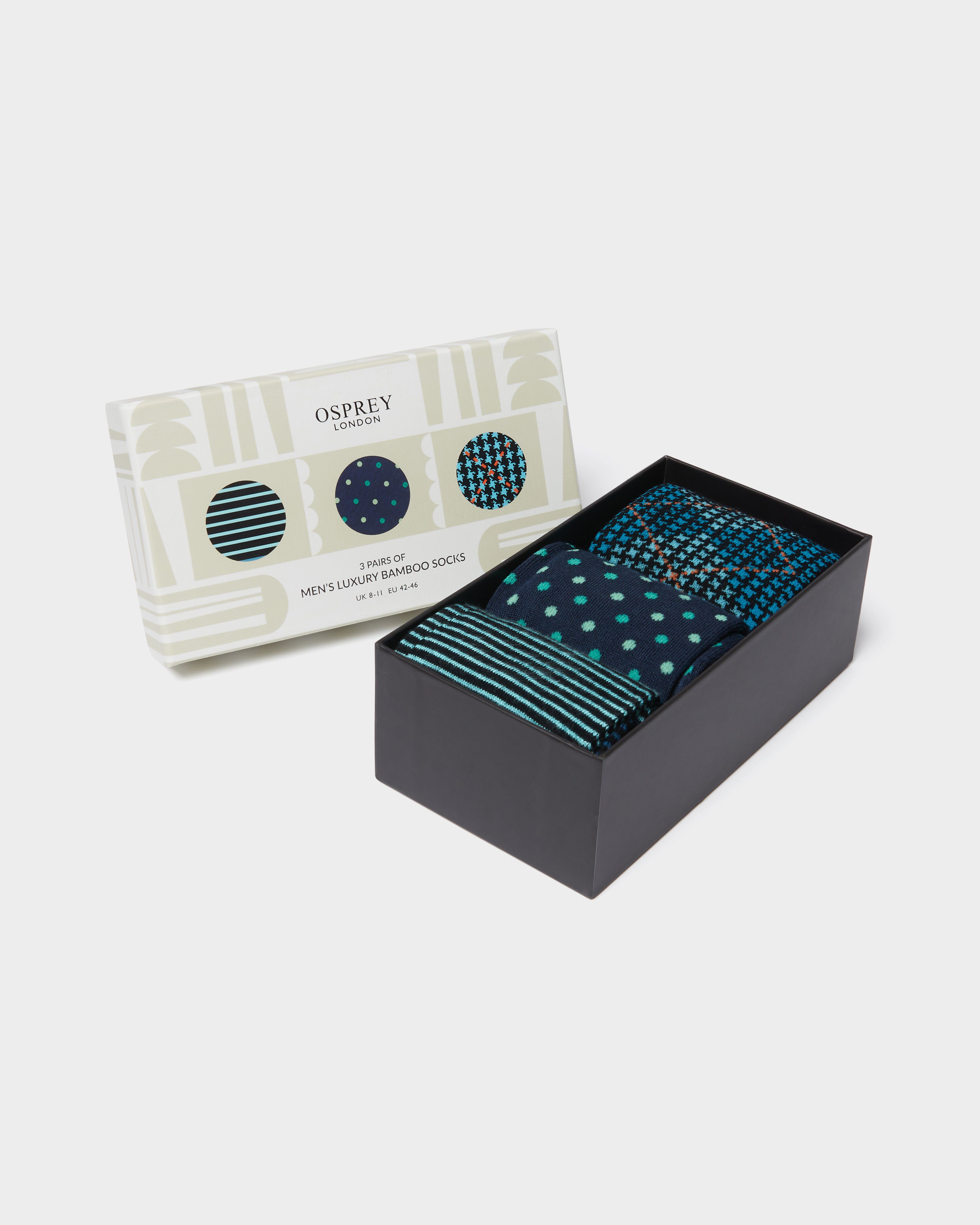 Mens Bamboo Boxed Socks Set of 3 in Blue Multi