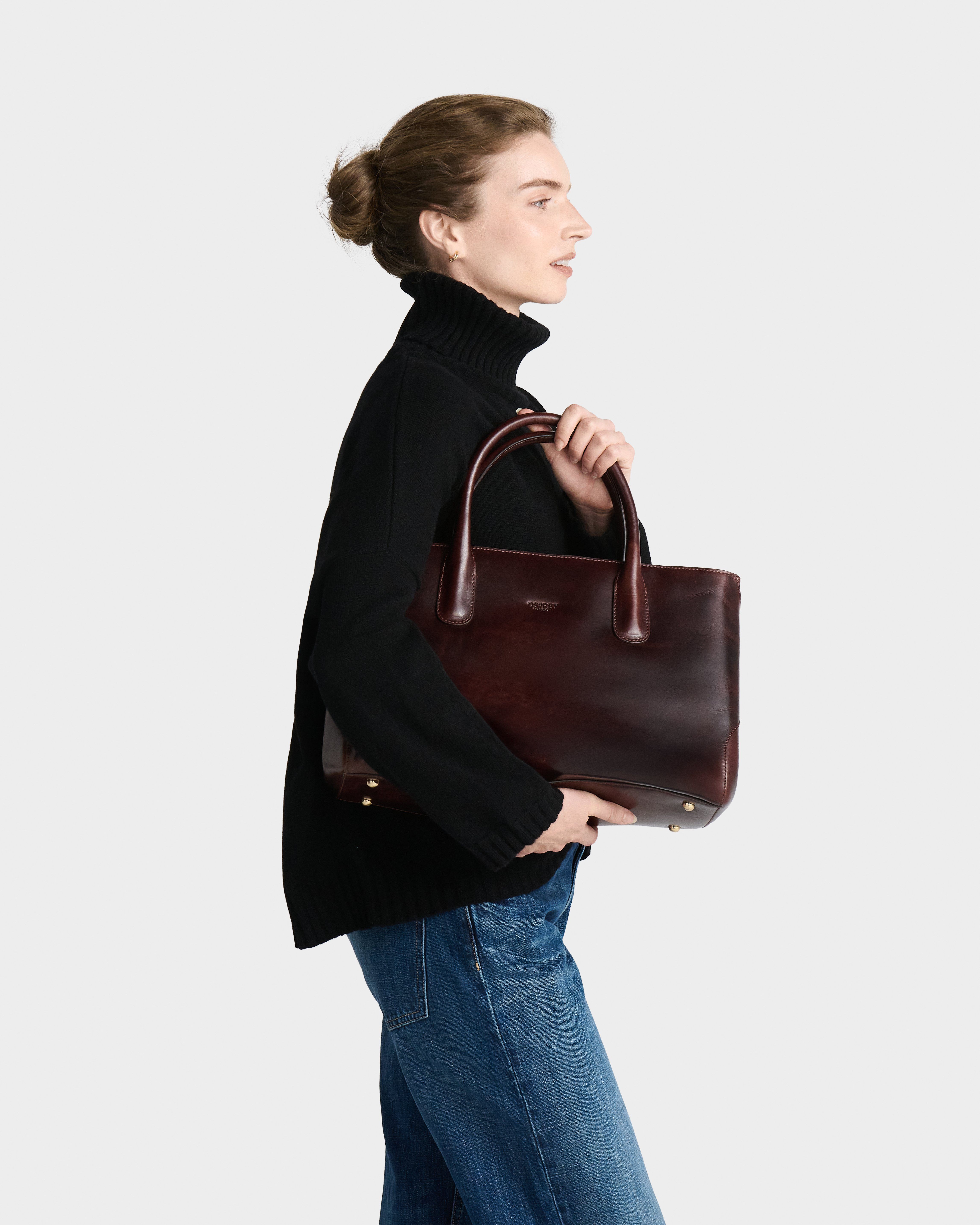 Image number 1 of The Monroe Leather Curved Tote in Chestnut