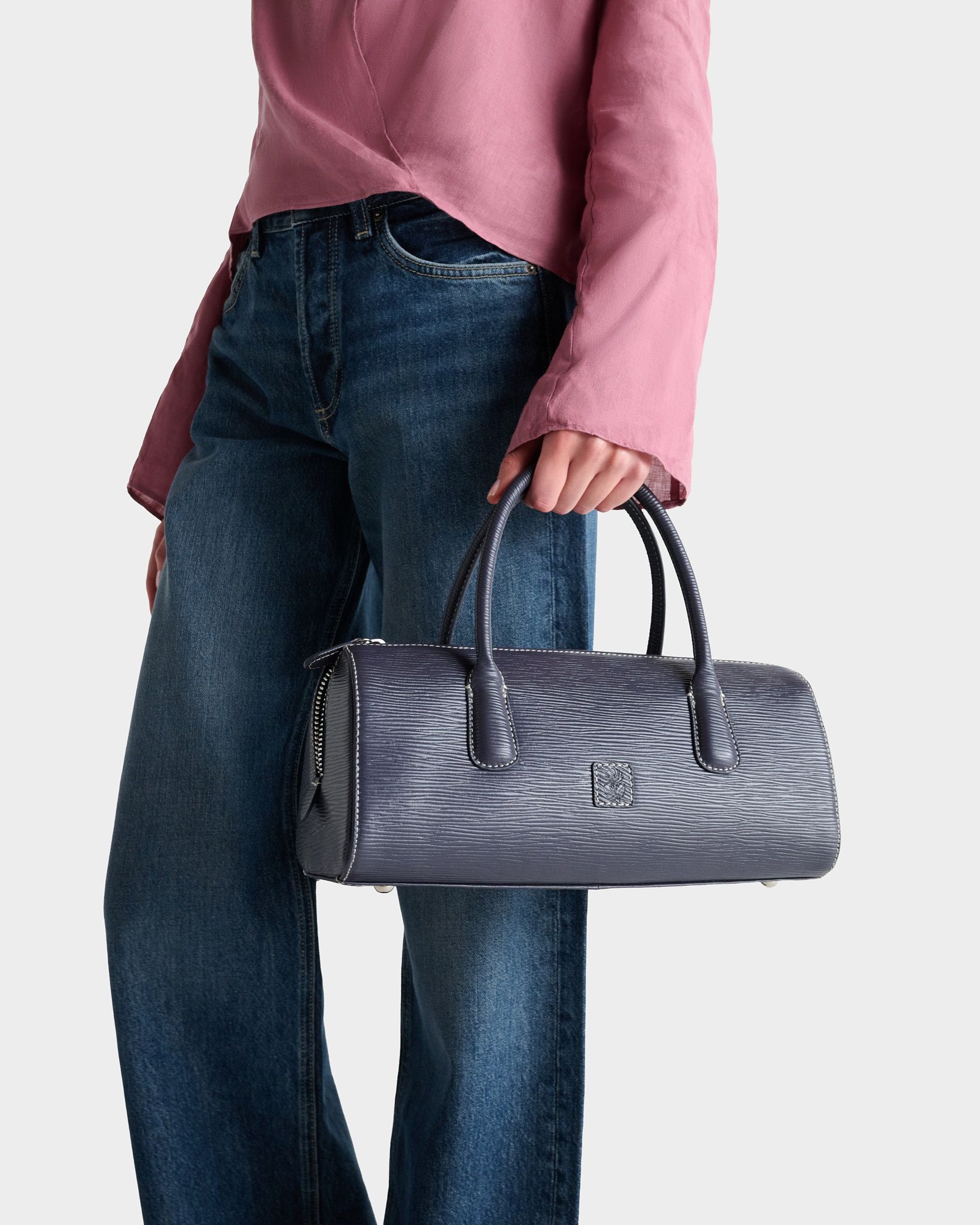The Hepburn Leather Baguette Bag in Navy