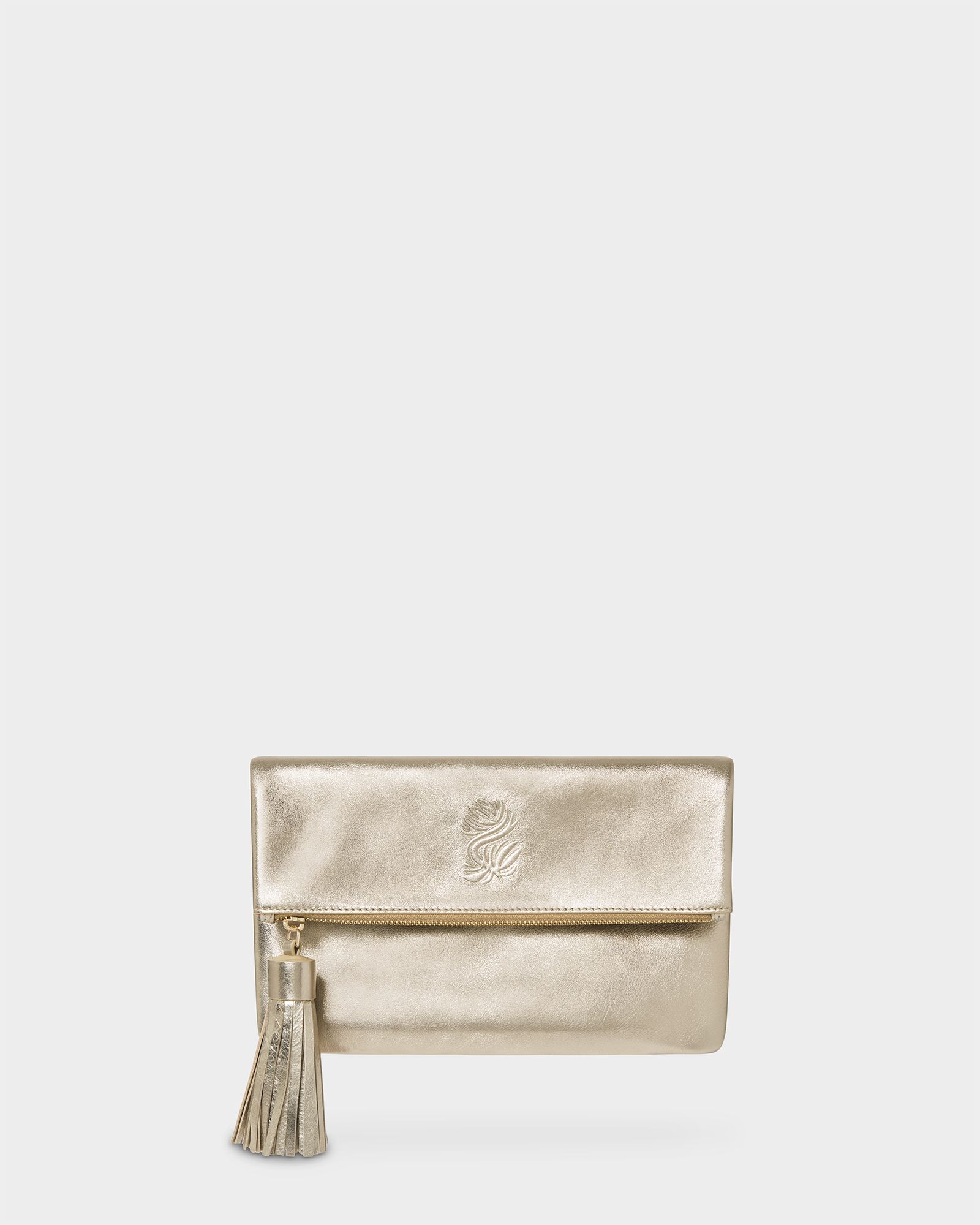 Image number 1 of The Luxe Tassel Leather Clutch in Metallic Gold