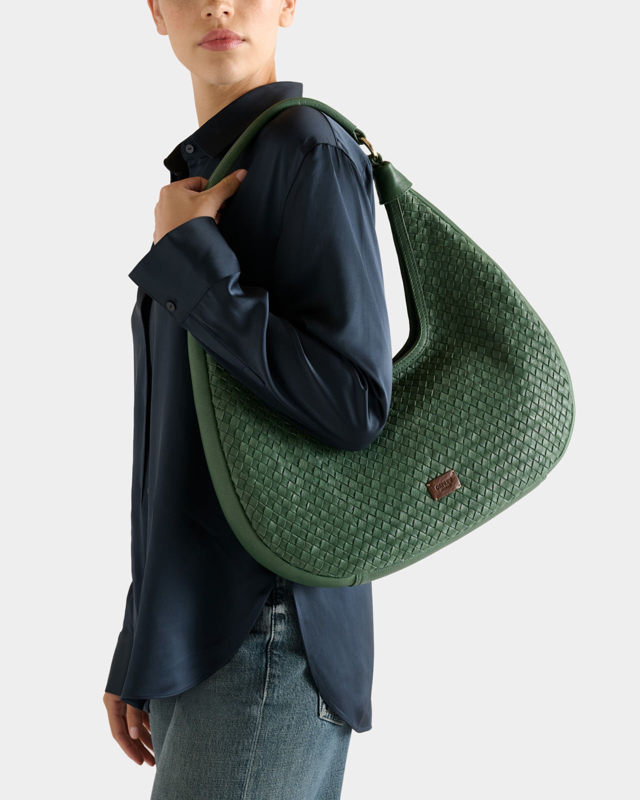 The Alba Woven Leather Shoulder in Green