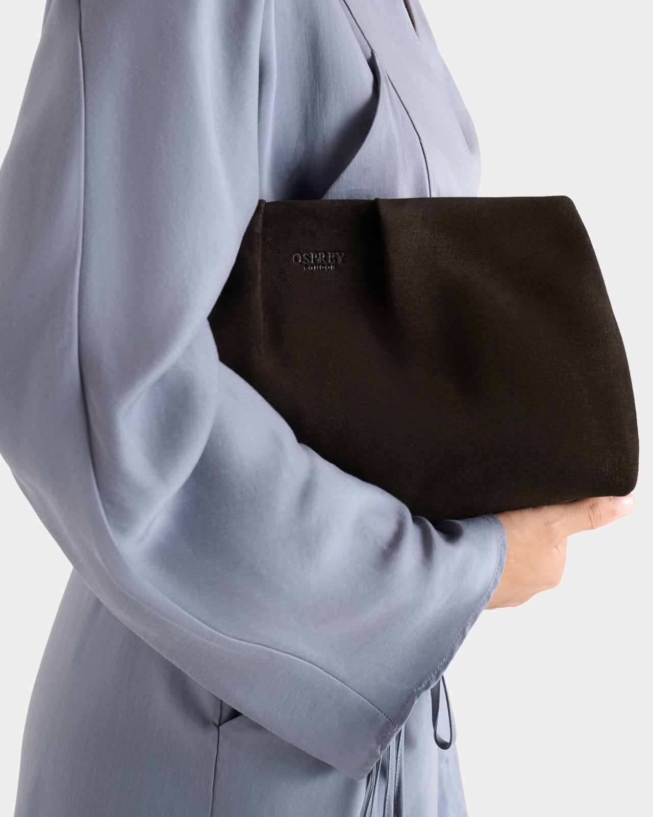 The Pleated Suede Clutch in Chocolate