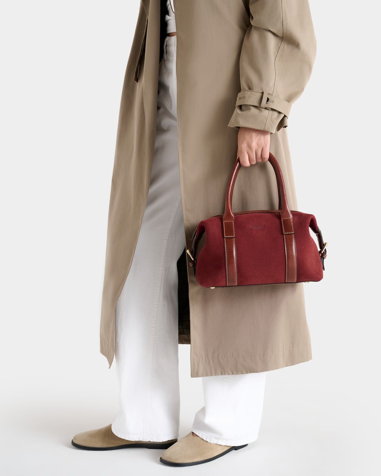 Image number 1 of The Small Contrast Suede Barrel Bag in Merlot