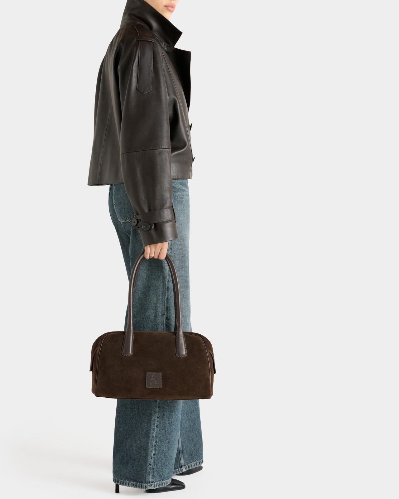 Image number 1 of The Maria Suede Barrel Shoulder Bag in Chocolate