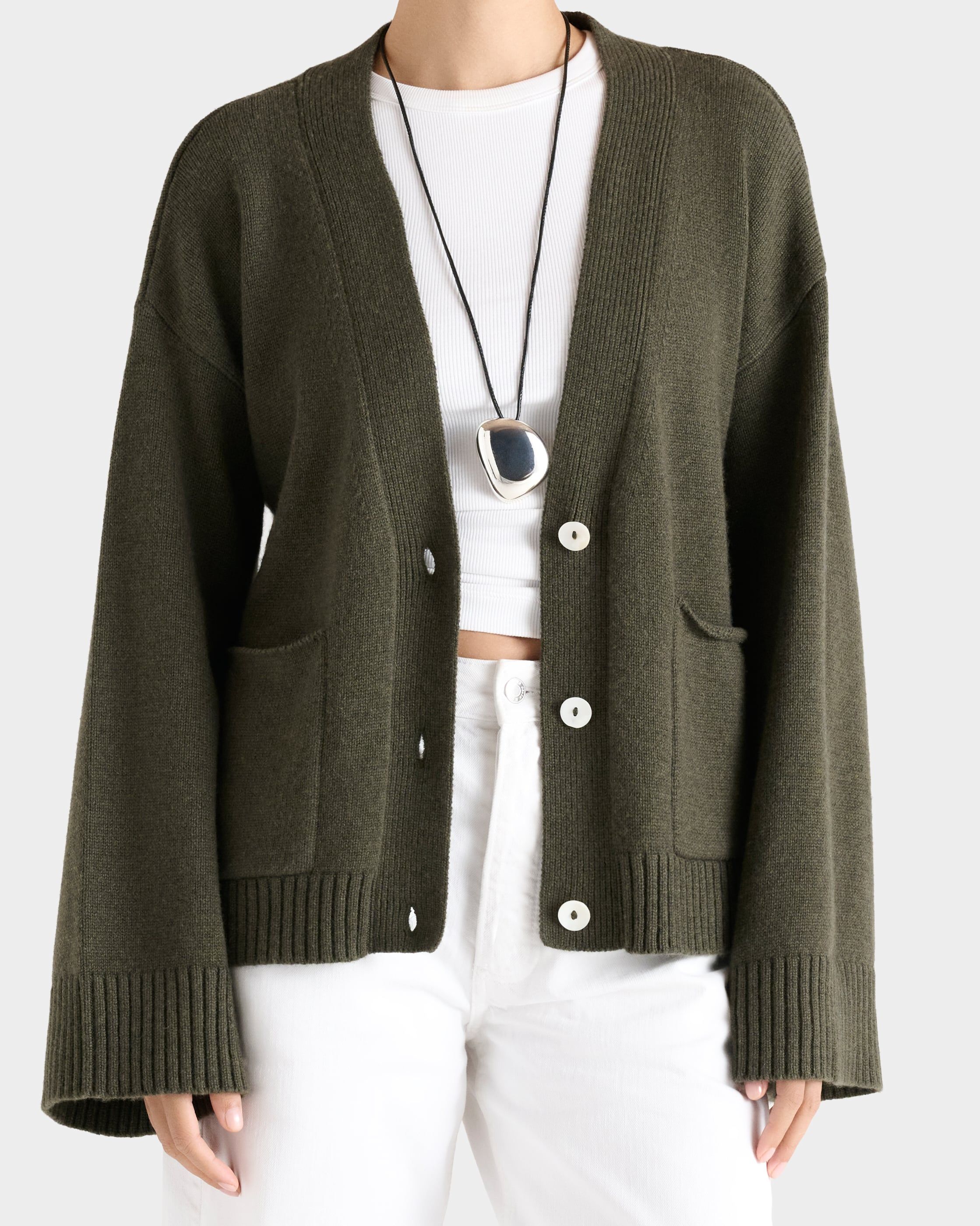 Image number 1 of The Drape Cashmere & Wool Cardigan in Dark Olive