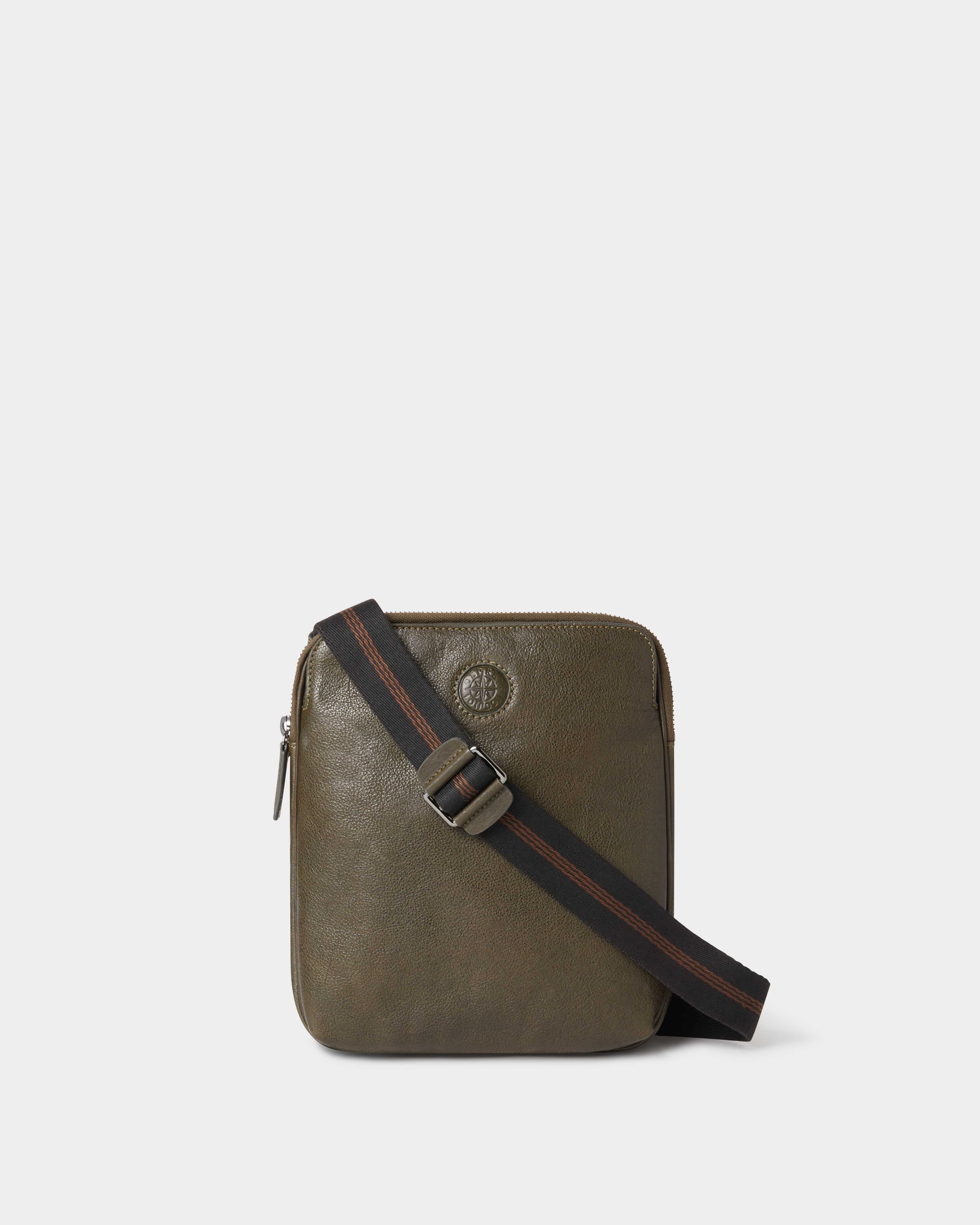 The Compass Small Leather Messenger Bag in Dark Olive