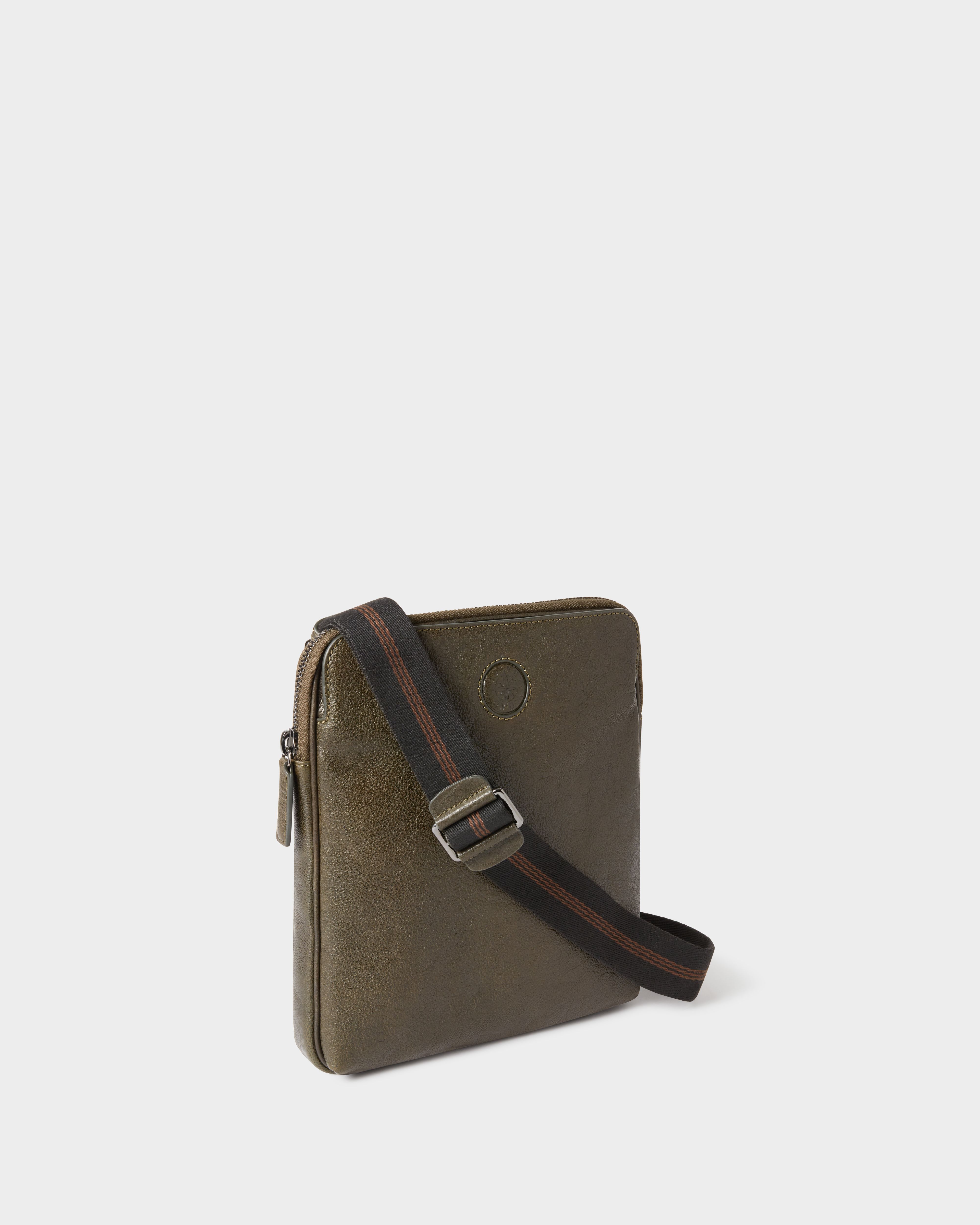 Image number 2 of The Compass Small Leather Messenger Bag in Dark Olive
