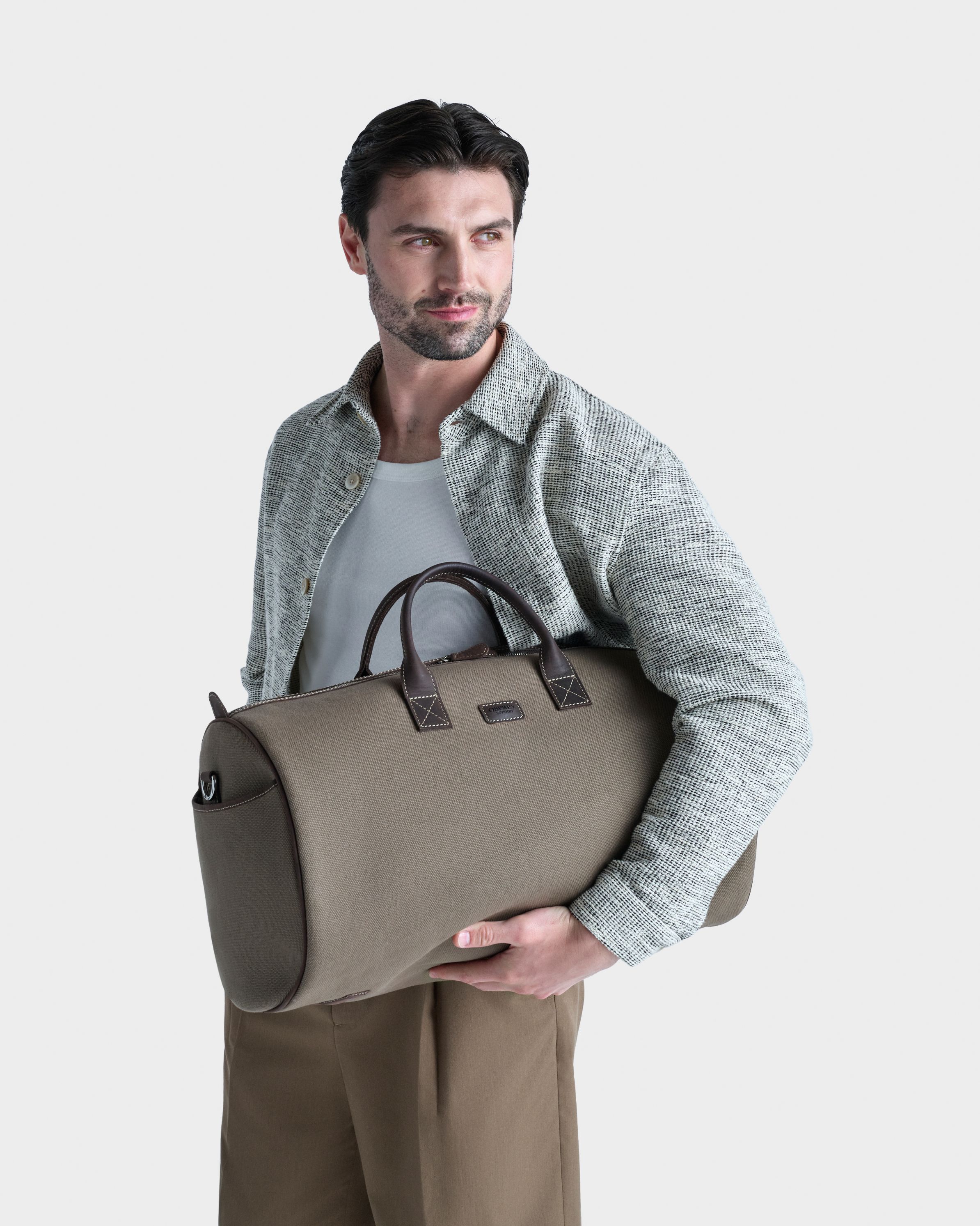 The Hunter Canvas & Leather Barrel Bag in Khaki